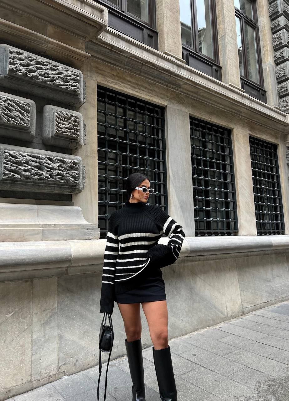 SHORT TURTLEAN STRIPED KNIT SWEATER