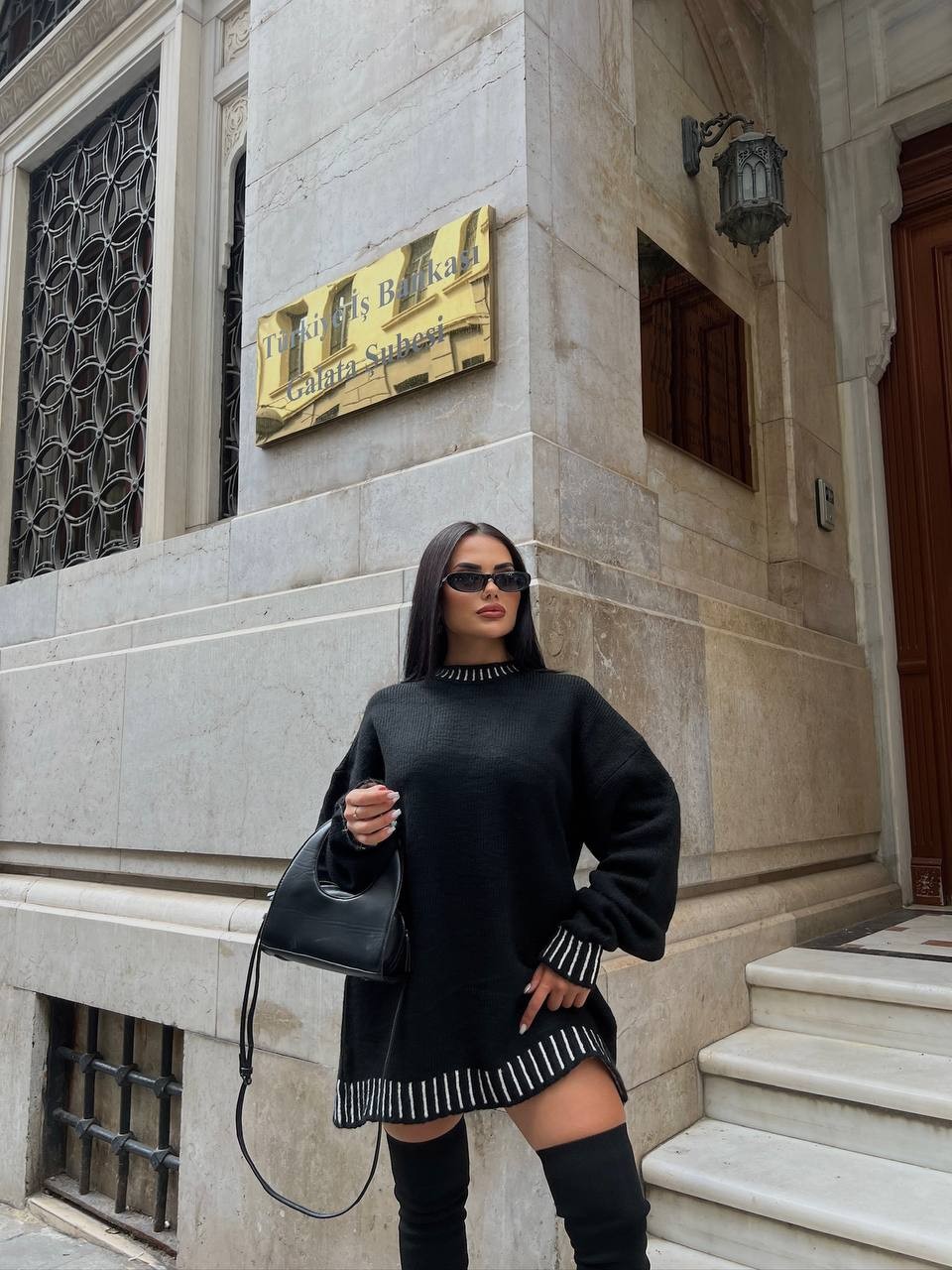 LONG SHEPHERD STITCH KNIT SWEATER