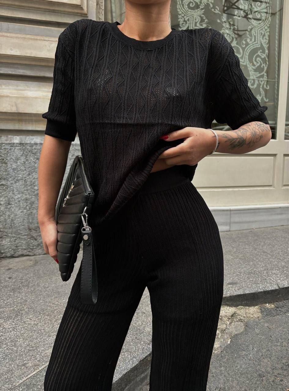 SHORT SLEEVE OPENING KNIT SUIT