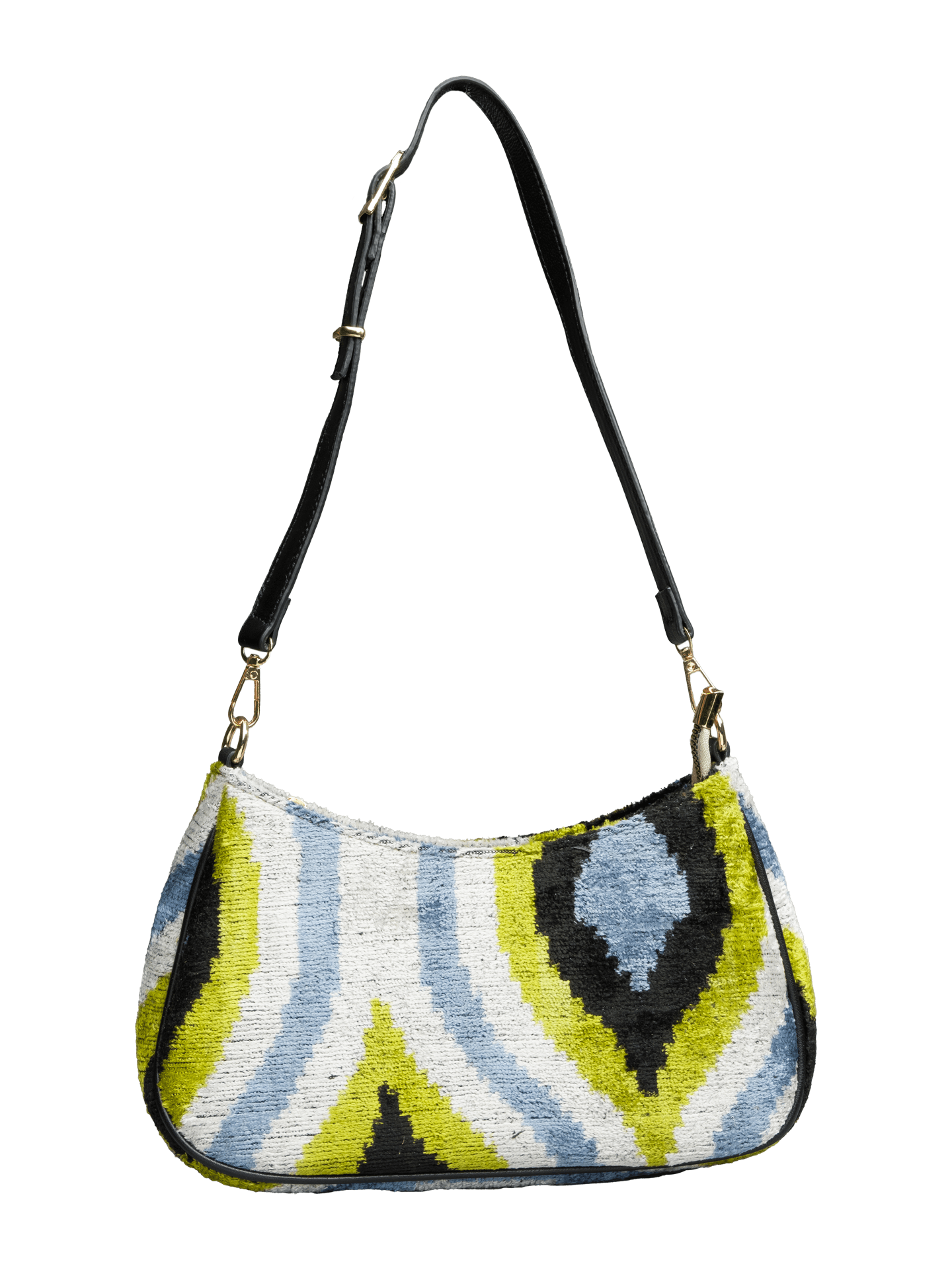 Club Bag,Handwoven Silk Ikat Woven Women's Bag-Cross Leather Strap-Indigo,Yellow