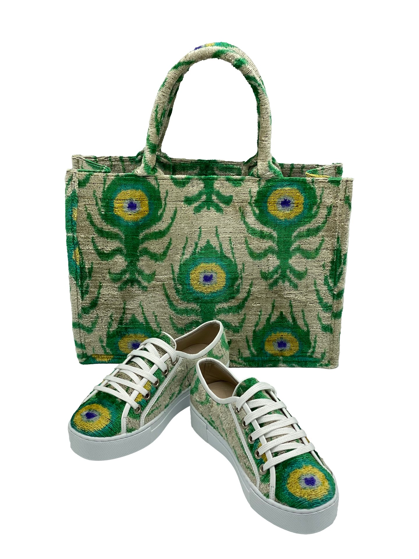 Peacock Medium Tote Bag & Sneakers Shoe Set,Women Sneakers And Bag Set-Green