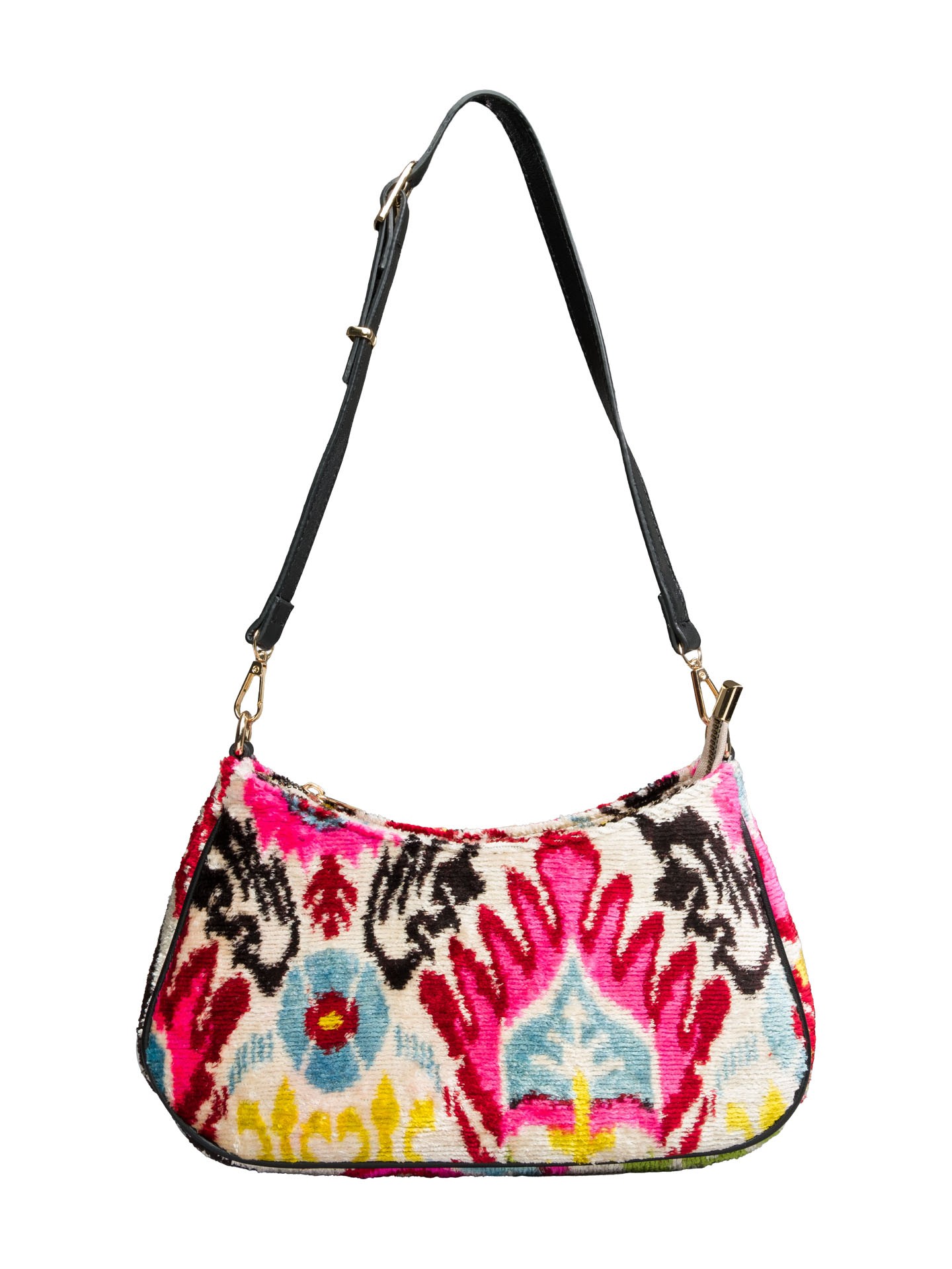 Club Bag,Handwoven Silk Ikat Woven Women's Bag-Cross Leather Strap-Ecru,Pink