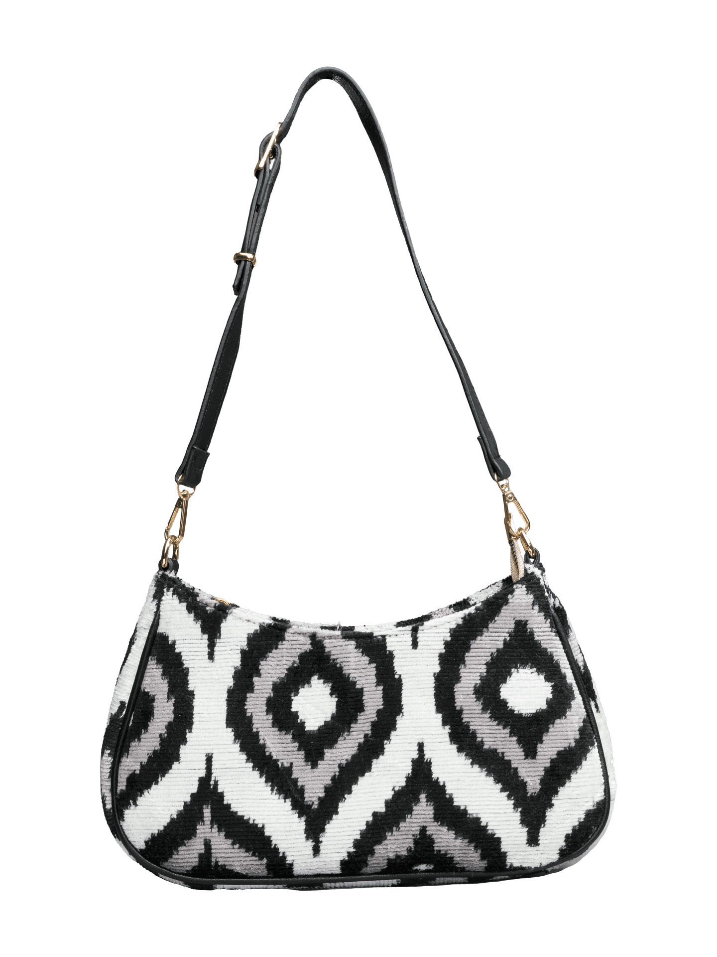 Club Bag,Handwoven Silk Ikat Woven Women's Bag-Cross Leather Strap-Black,White