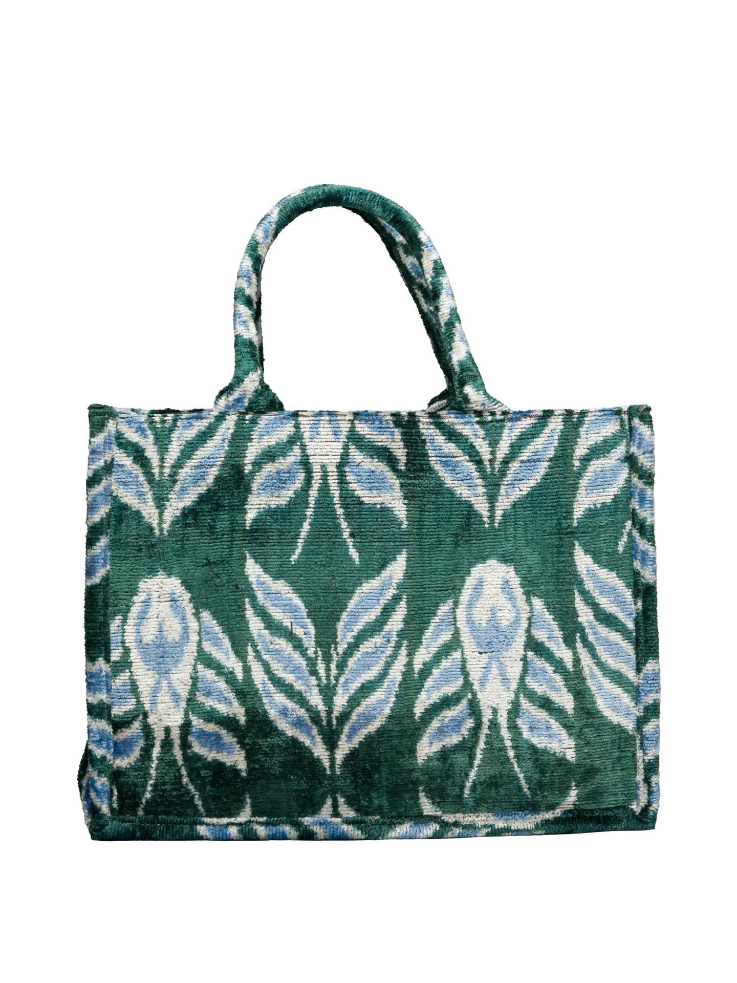 Santorine Medium Tote Bag,Silk Velvet Woman Tote Bag-Green Leaf