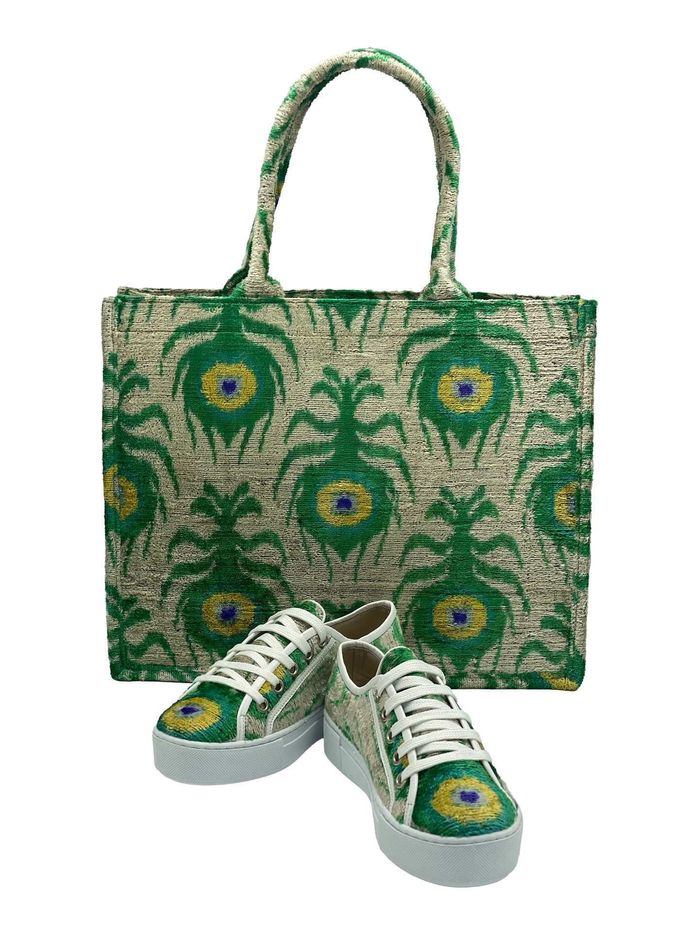 Peacock Tote Bag & Sneakers Shoe Set,Women Sneakers And Bag Set-Green