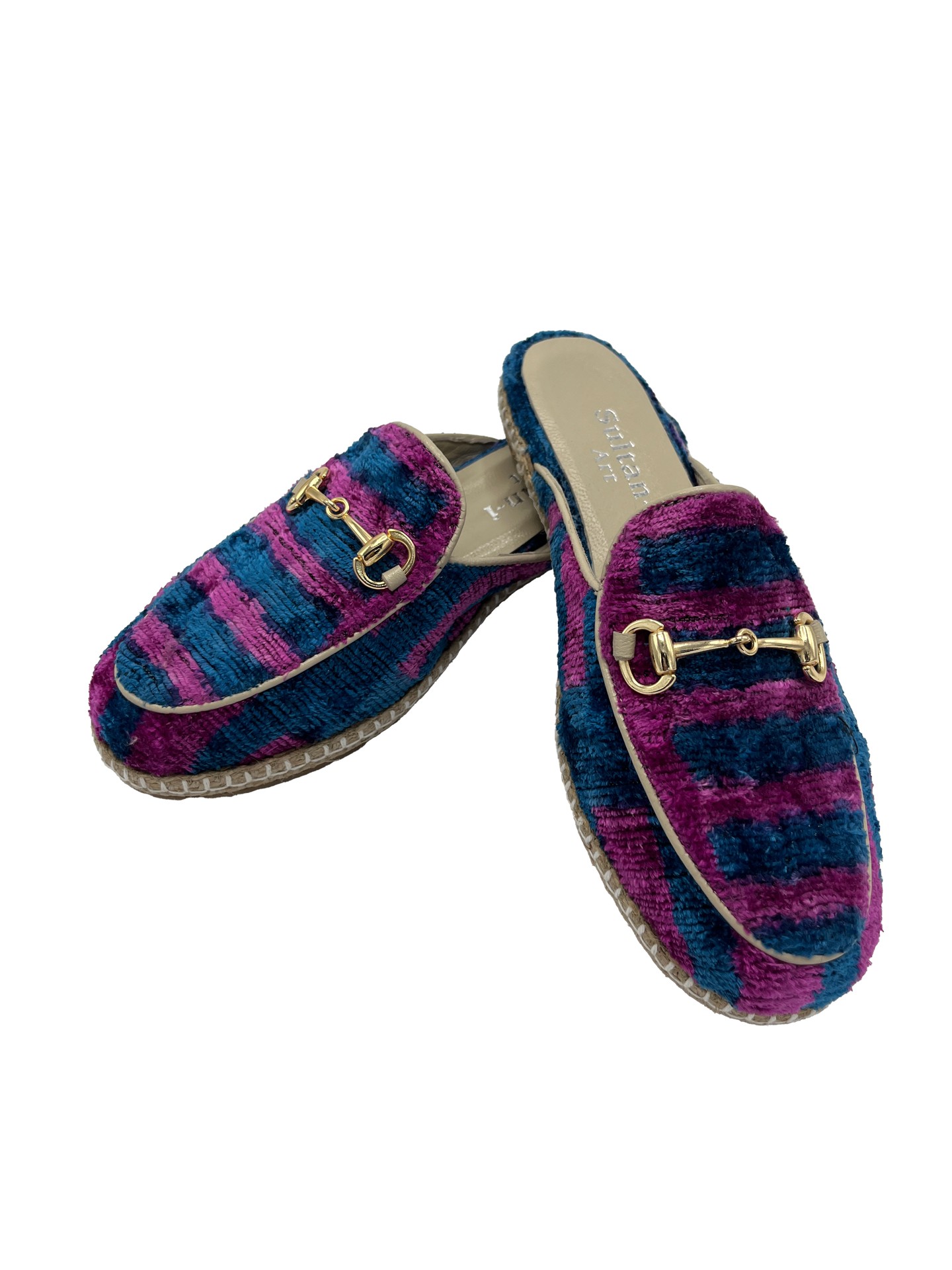 Hittite G Espadrille,Buckle Detailed,Silk,Jute Sole Handmade Women's Espadrille Slippers - Navy Striped