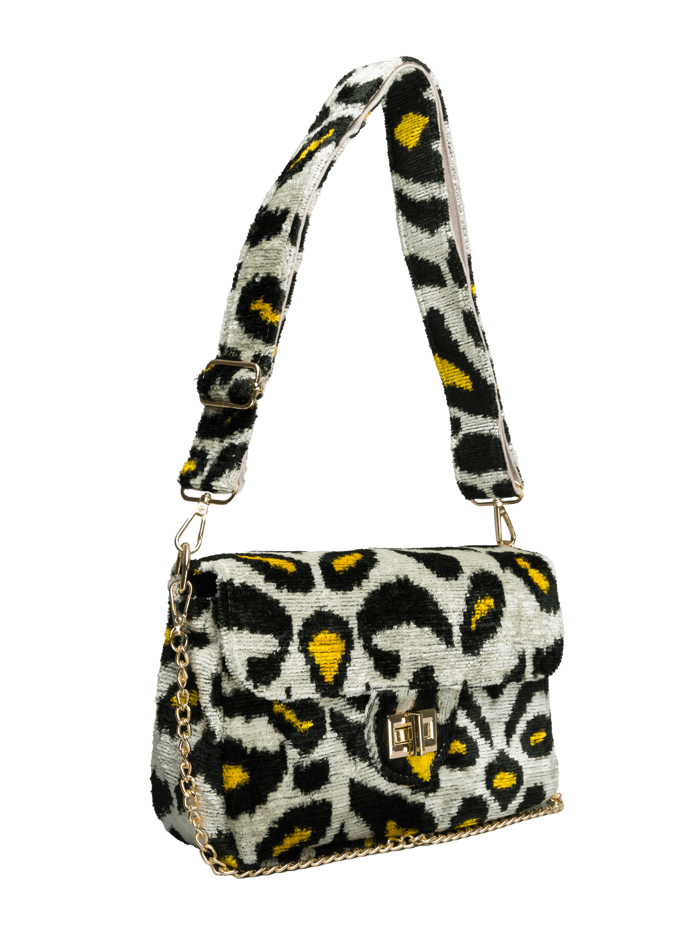 Coco Bag,Handwoven Silk Ikat Woven Women's Bag-Cross Thick Strap-Leopard,Yellow