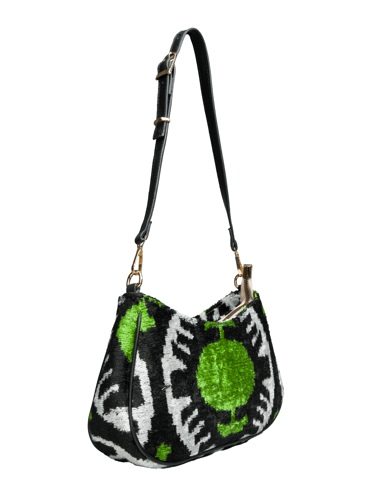 Club Bag,Handwoven Silk Ikat Woven Women's Bag-Cross Leather Strap-Green,Black