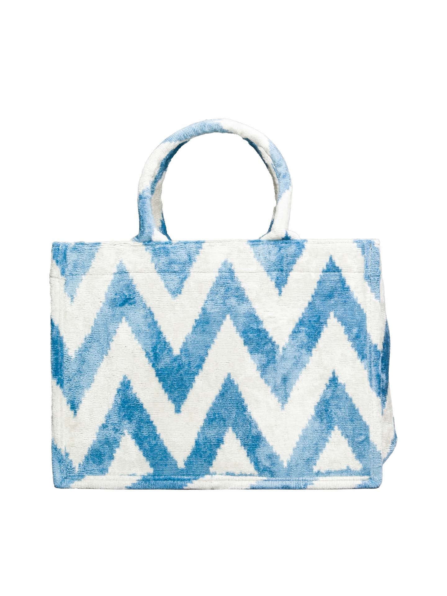 Blue Zig Zag Medium Tote Bag,Silk Velvet Woman Tote Bag-Blue