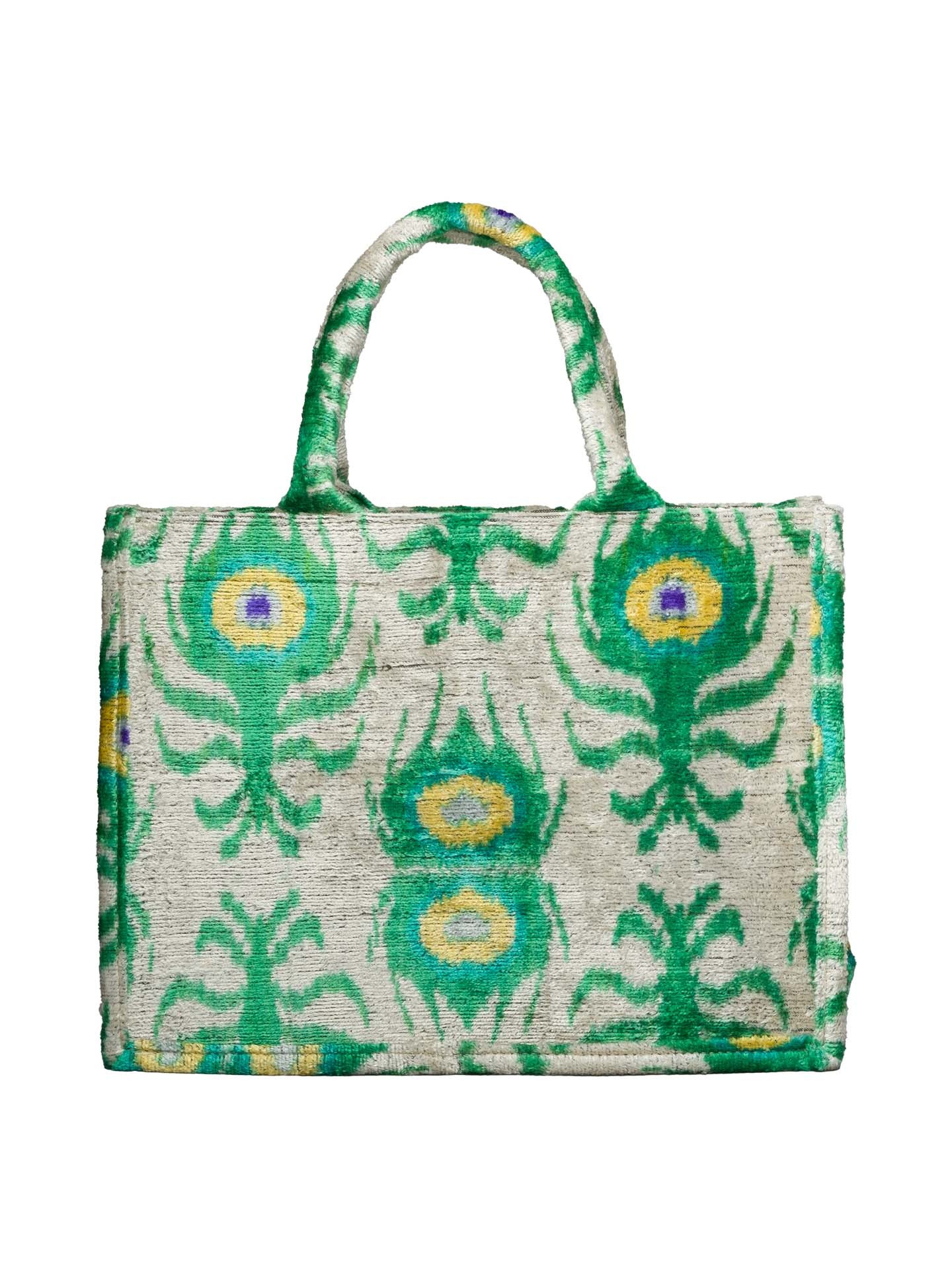 Peacock Medium Tote Bag,Silk Velvet Woman Tote Bag-Green