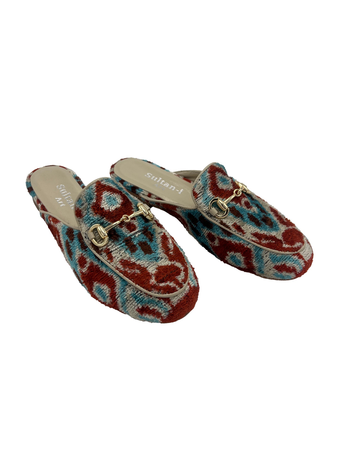 Indian G Slippers,Buckle Detailed,Leather Sole,Silk,Patterned,Women's Slippers-Green