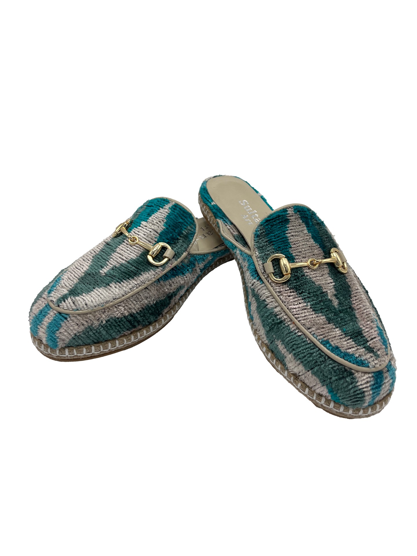 Turquoise zig-zag G Espadril,Toka Detaylı,İpek,Jüt Taban El Yapımı Kadın Espadril Terlik-Turkuaz