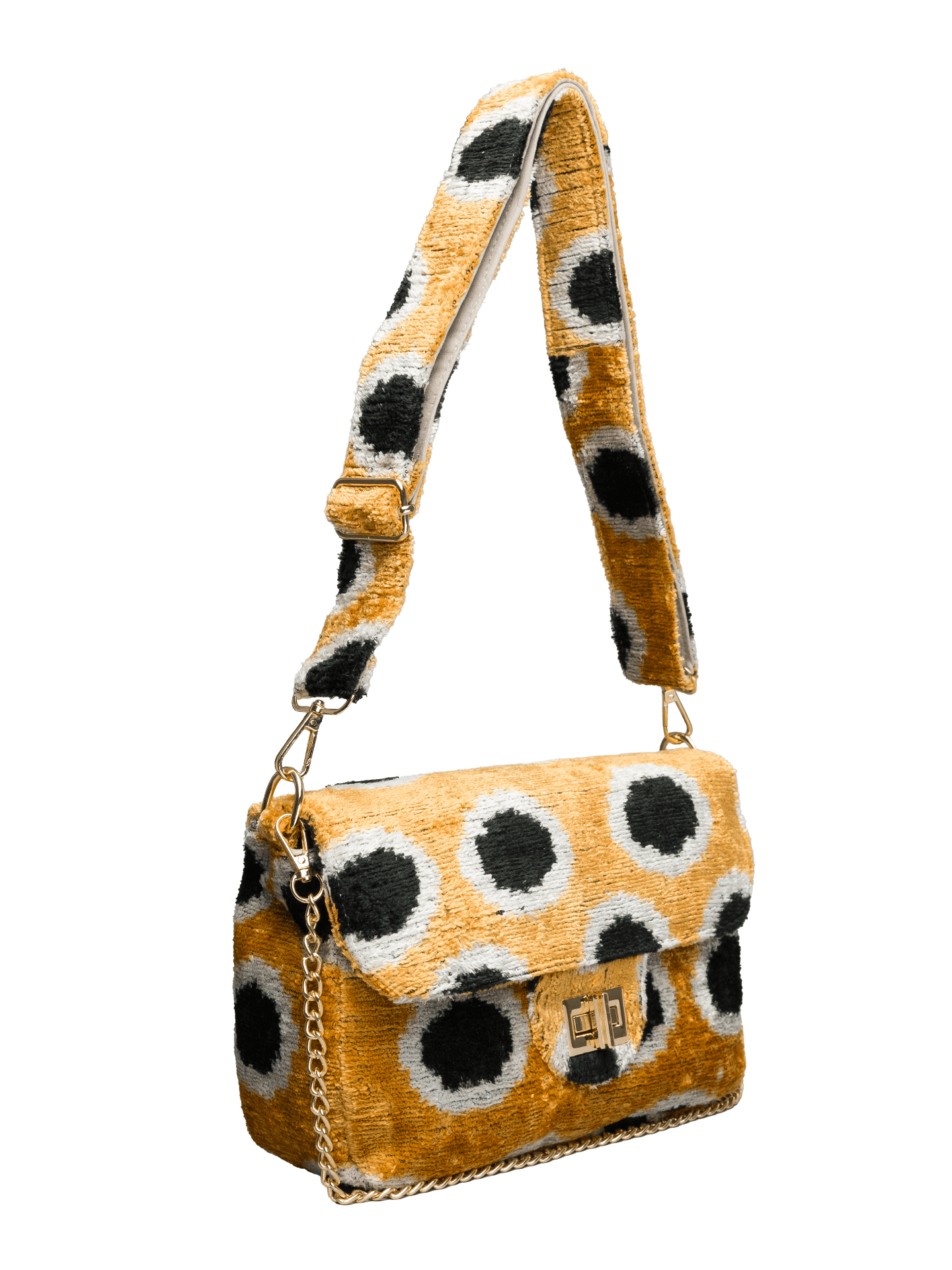 Coco Bag,Handwoven Silk Ikat Woven Women's Bag-Cross Thick Strap-Black Dotted,Mustard