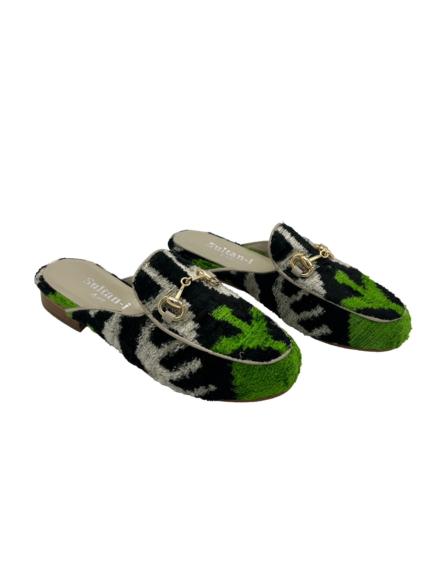 Antalya G Slippers,Buckle Detailed,Leather Sole,Silk,Patterned,Women's Slippers-Khaki-Black