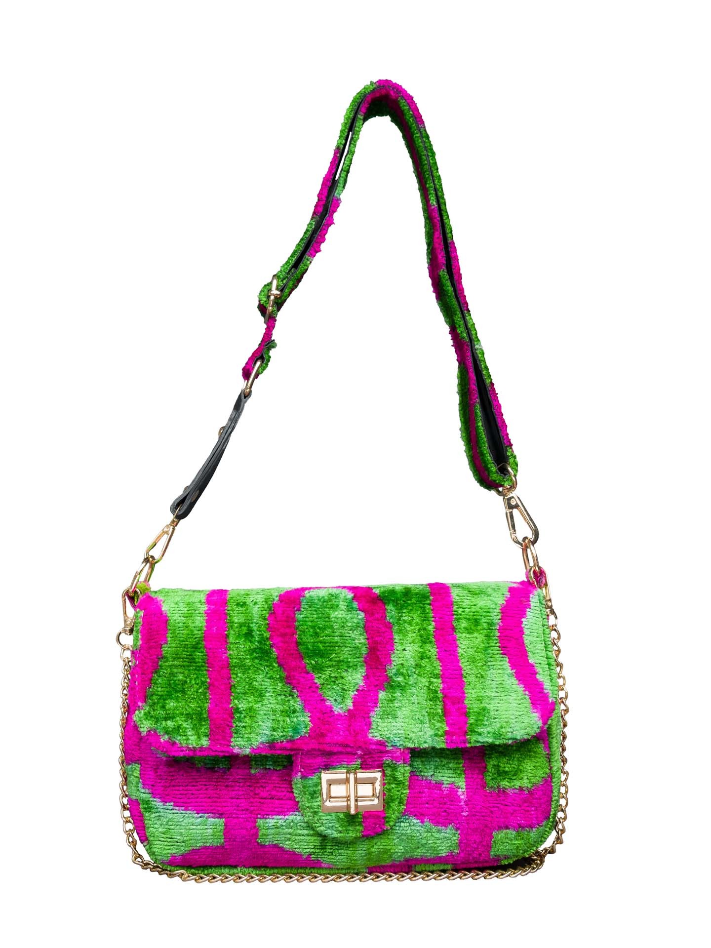 Ephesos Coco Bag,Handwoven Silk Ikat Woven Women's Bag-Cross Thick Strap-Fuchsia,Green