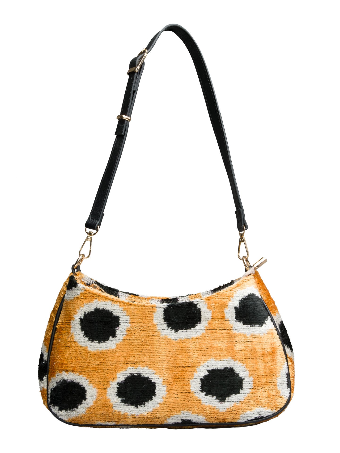 Club Bag,Handwoven Silk Ikat Woven Women's Bag-Cross Leather Strap-Black Dotted,Mustard