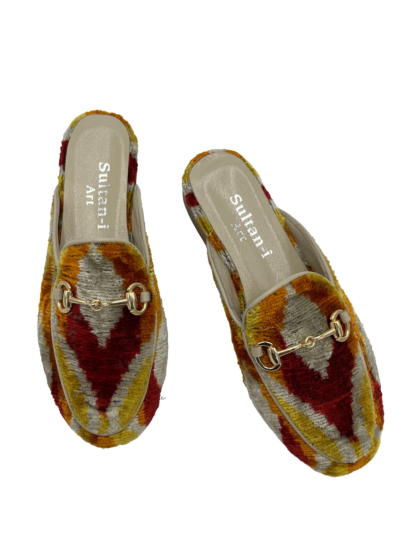 Flame G Slippers,Buckle Detailed,Leather Sole,Silk,Patterned,Women's Slippers-Mustard