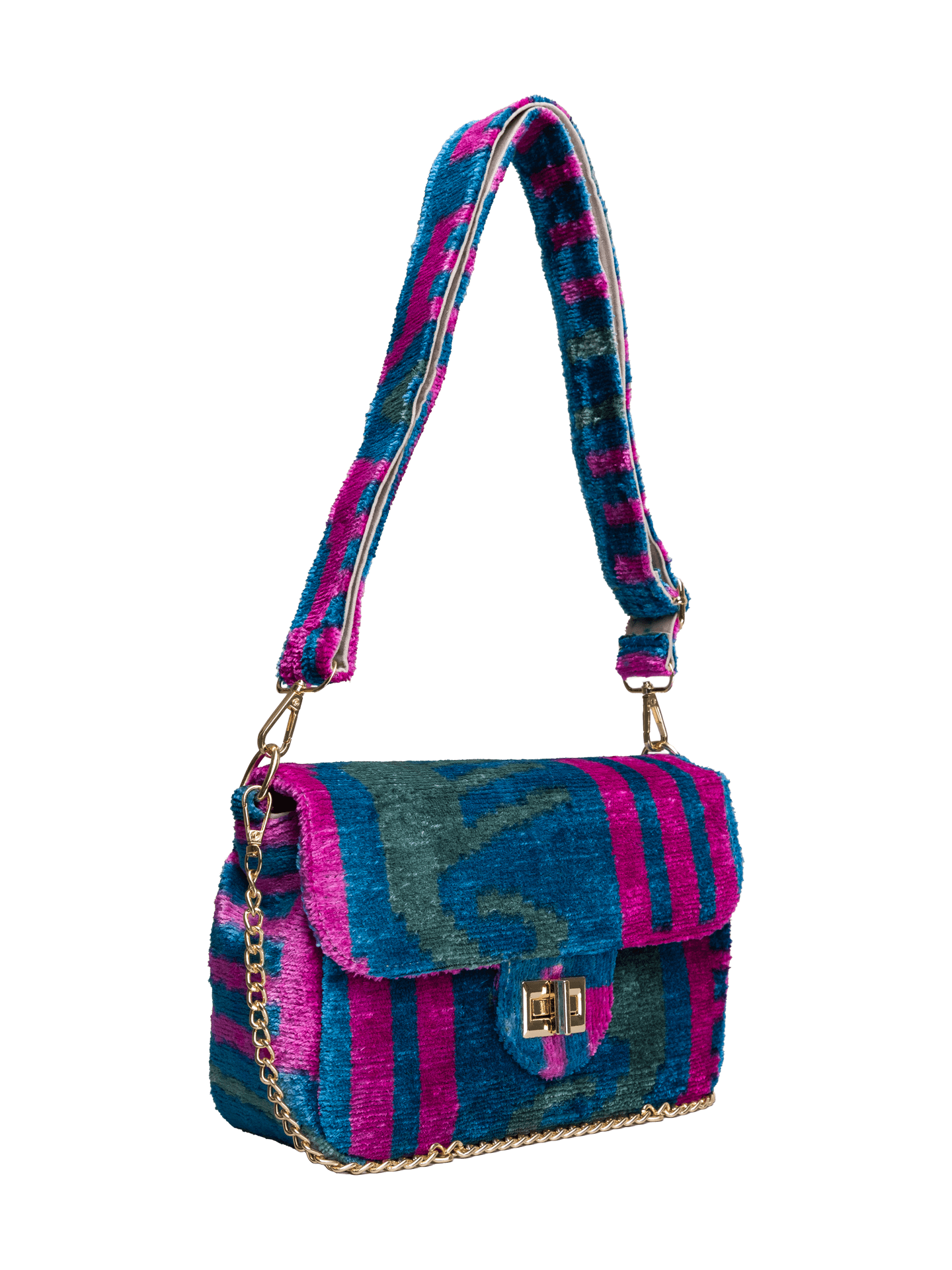 Coco Bag,Handwoven Silk Ikat Woven Women's Bag-Cross Thick Strap-Petrol Blue,Fuchsia