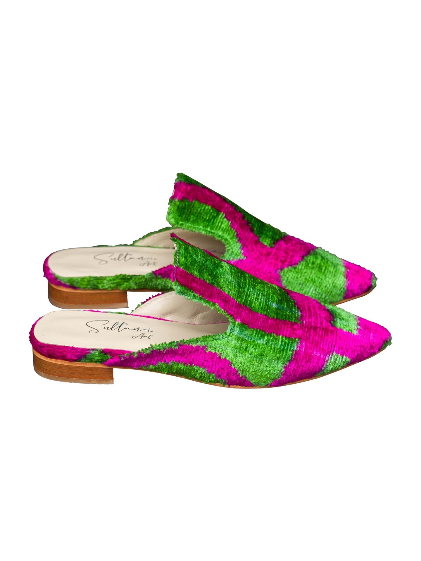 Ephesos Slippers,Leather Sole,Silk,Women's Slippers-Fuchsia,Green