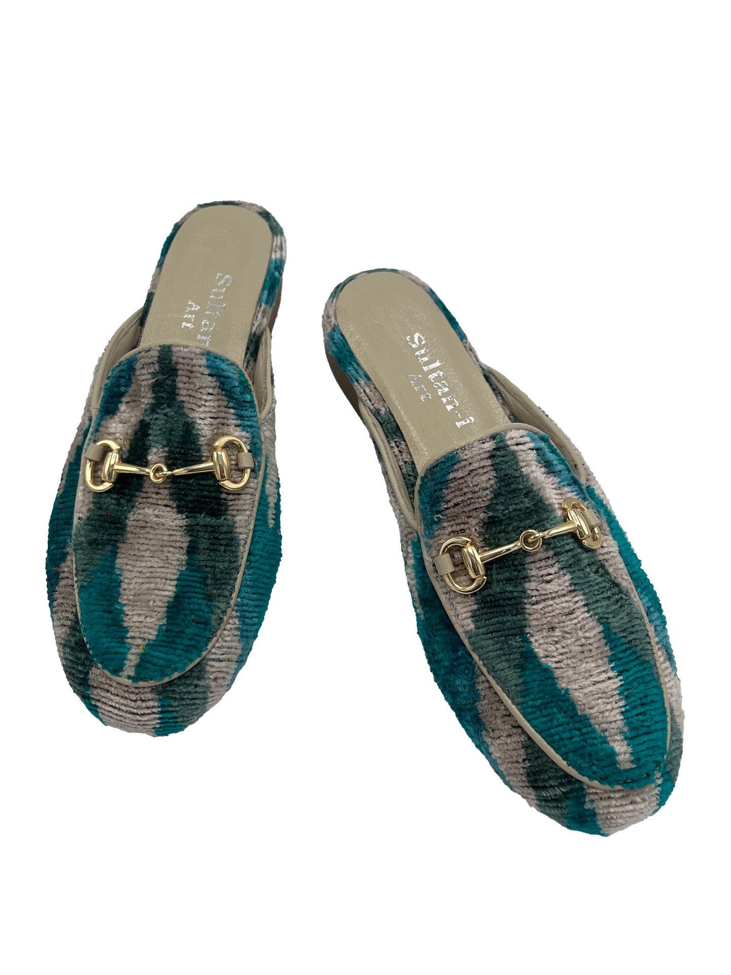 Turquoise Zig Zag G Slippers,Buckle Detailed,Leather Sole,Silk,Rug Patterned,Women's Slippers-Turquoise