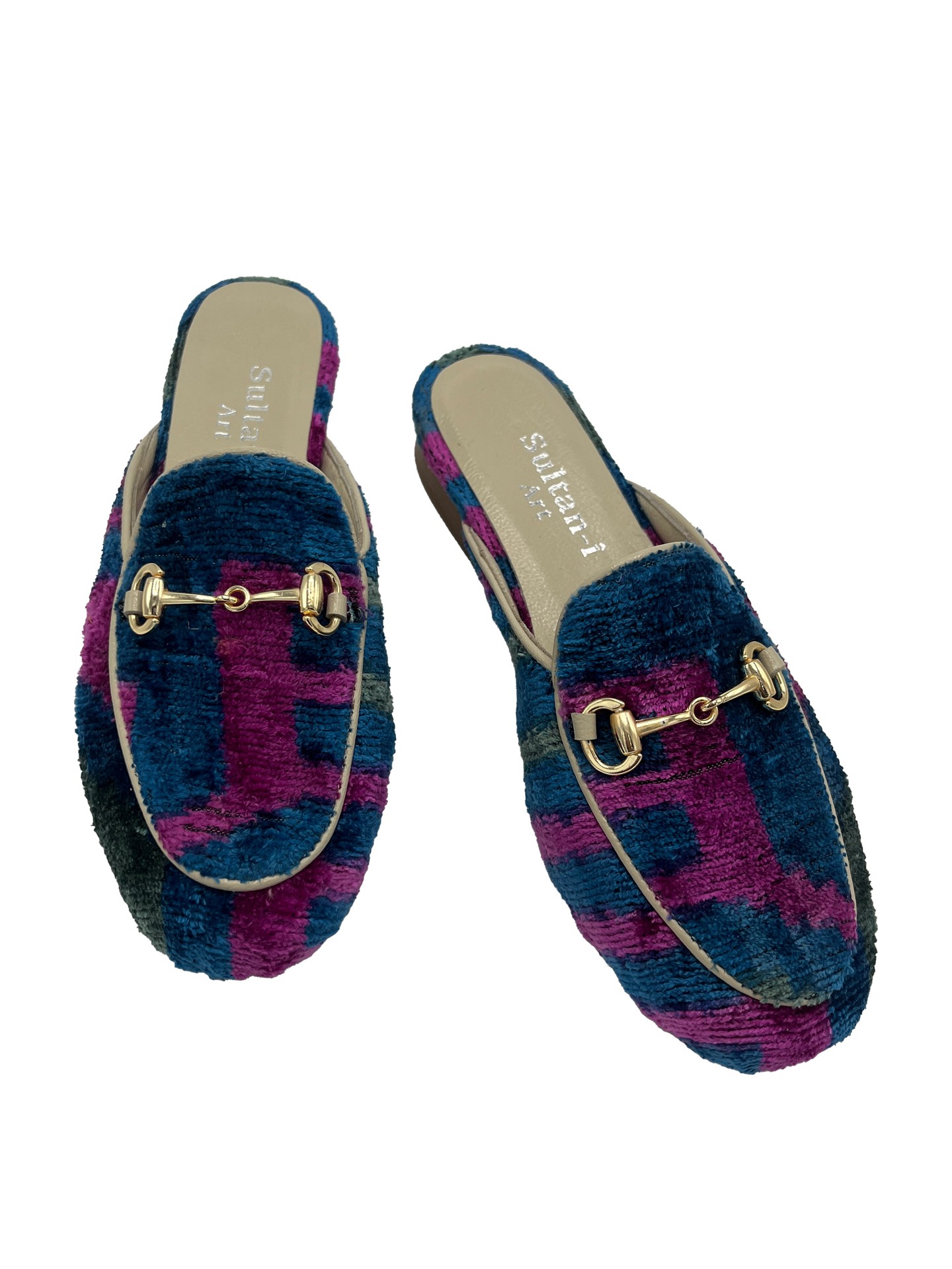 Hittite G Slippers,Buckle Detailed,Leather Sole,Silk,Patterned,Women's Slippers-Dark Blue