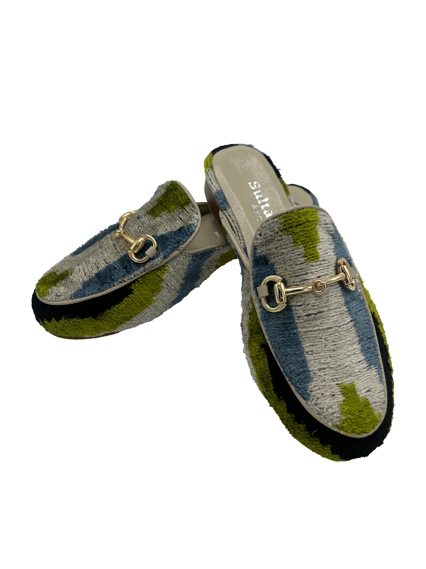 Tashkent G Slippers,Buckle Detailed,Leather Sole,Silk,Rug Patterned,Women's Slippers-Green