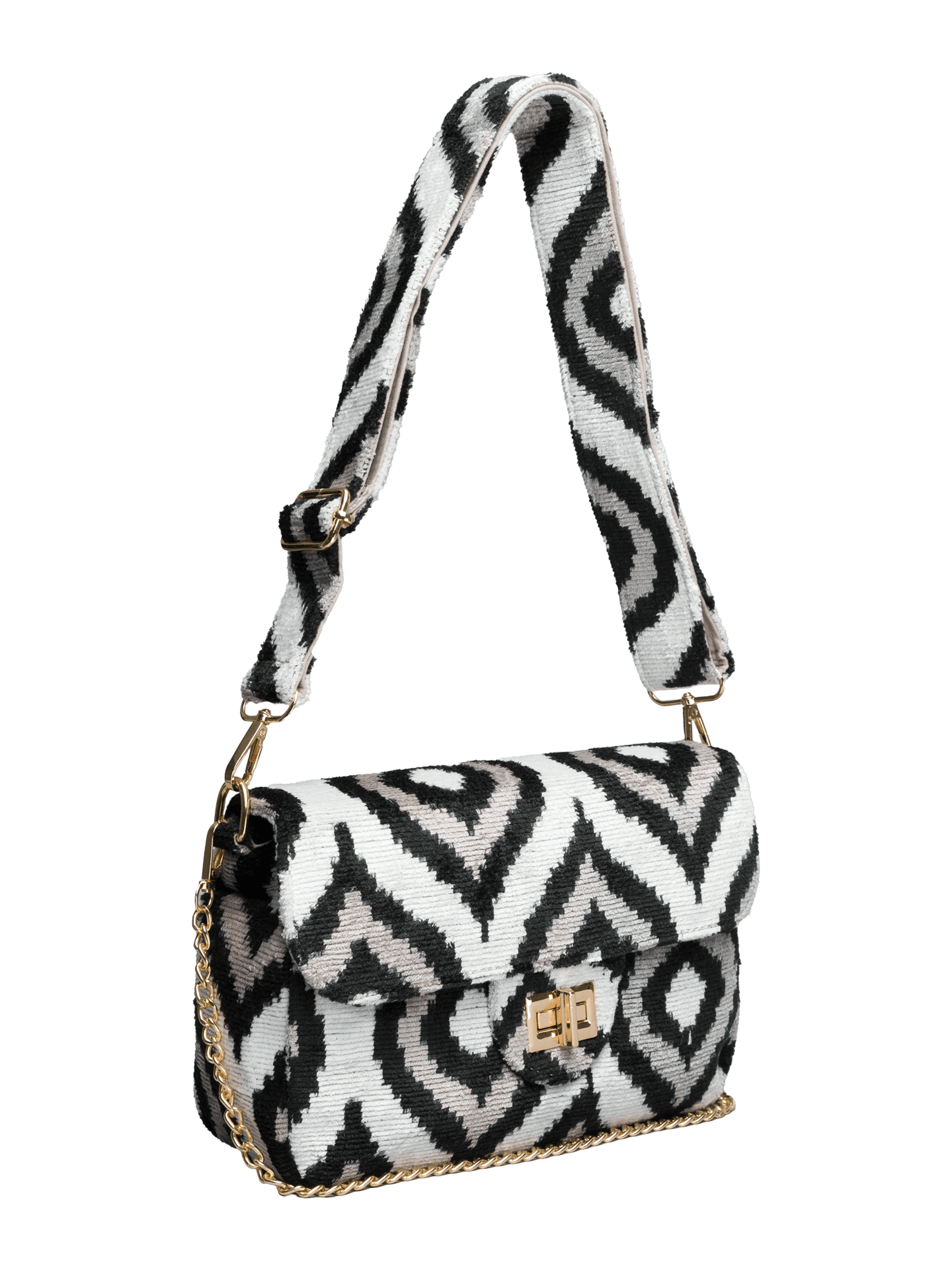 Coco Bag,Handwoven Silk Ikat Woven Women's Bag-Cross Thick Strap-Black,Ecru