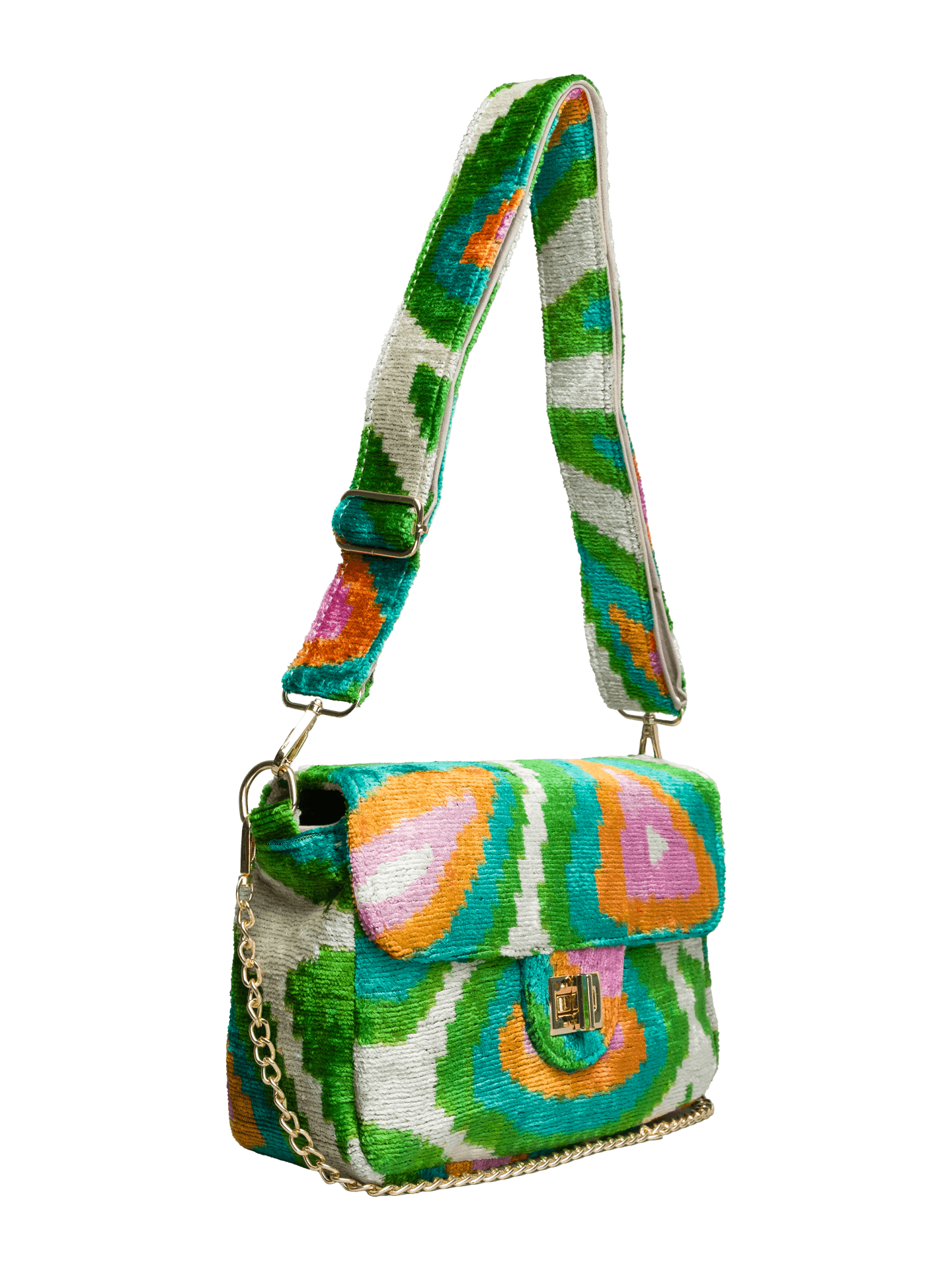 Coco Bag,Handwoven Silk Ikat Woven Women's Bag-Cross Thick Strap-Beige,Green