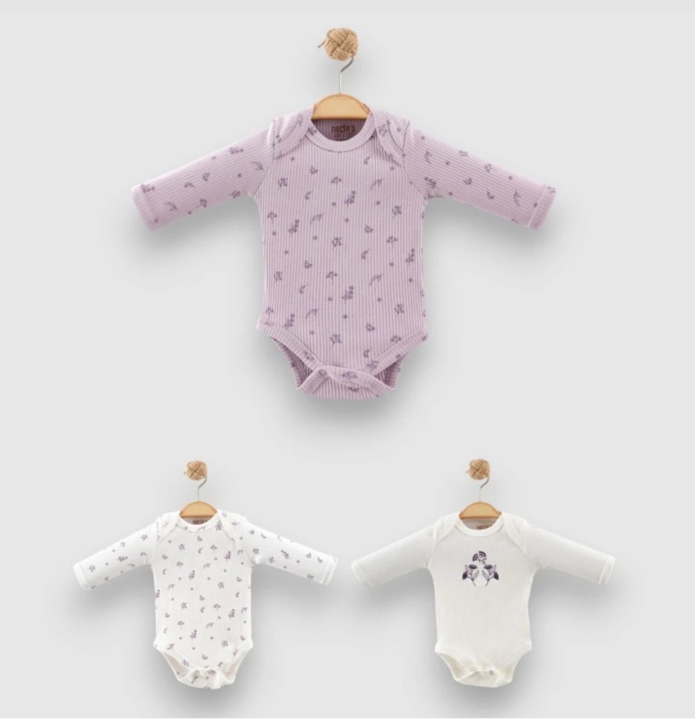Kız Bebek Flower 3'lü Çıtçıtlı Uzun Kol Body - Lila 