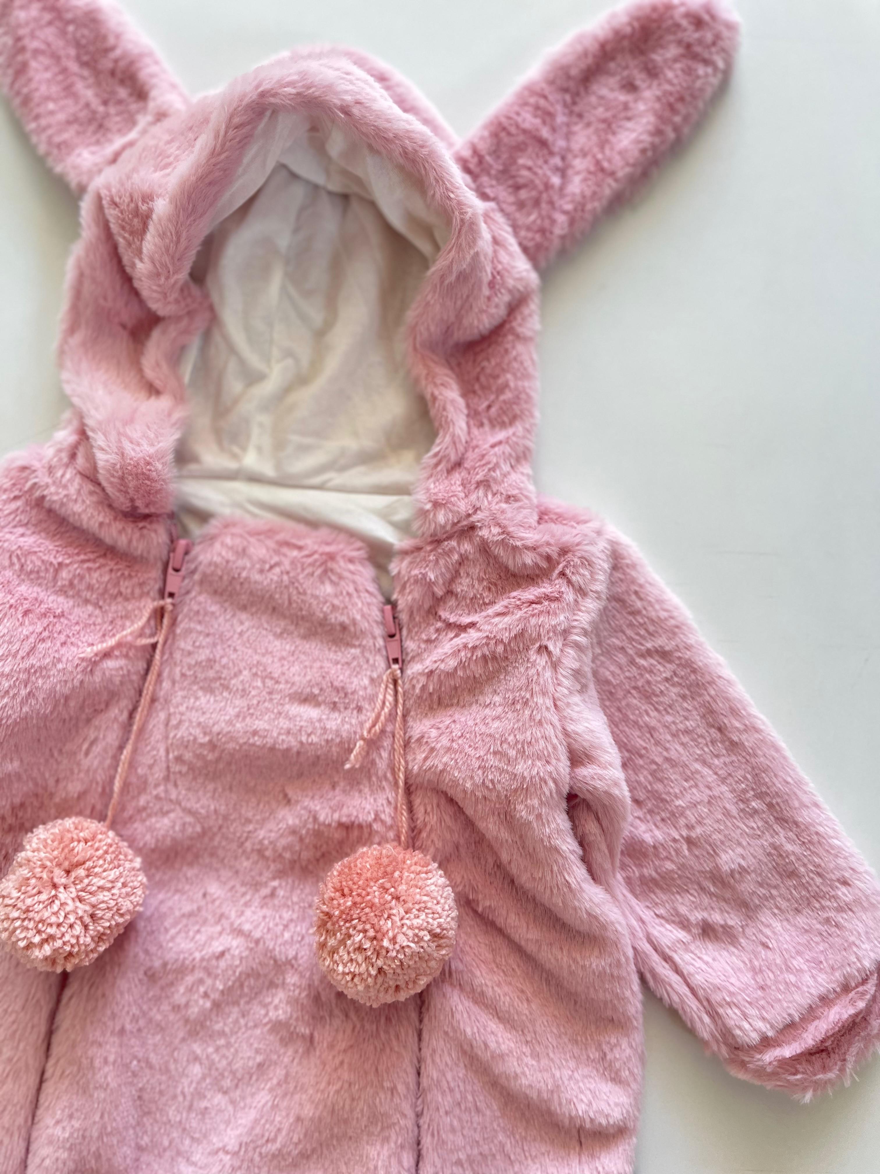 Tavşan Kulaklı Peluş Çift Fermuarlı İçi Astarlı Tulum - Pembe