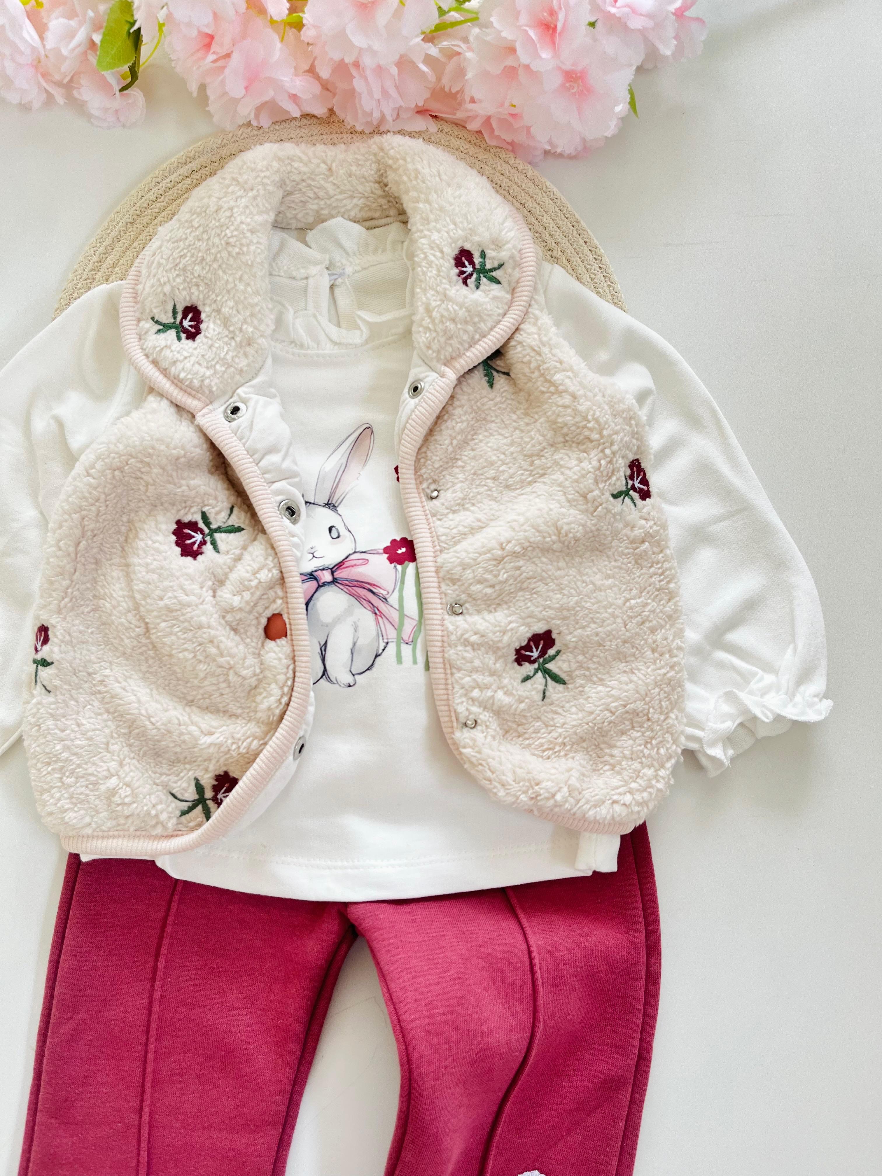Kız Bebek Peluş Yelekli Çiçek İşlemeli 3'lü Takım