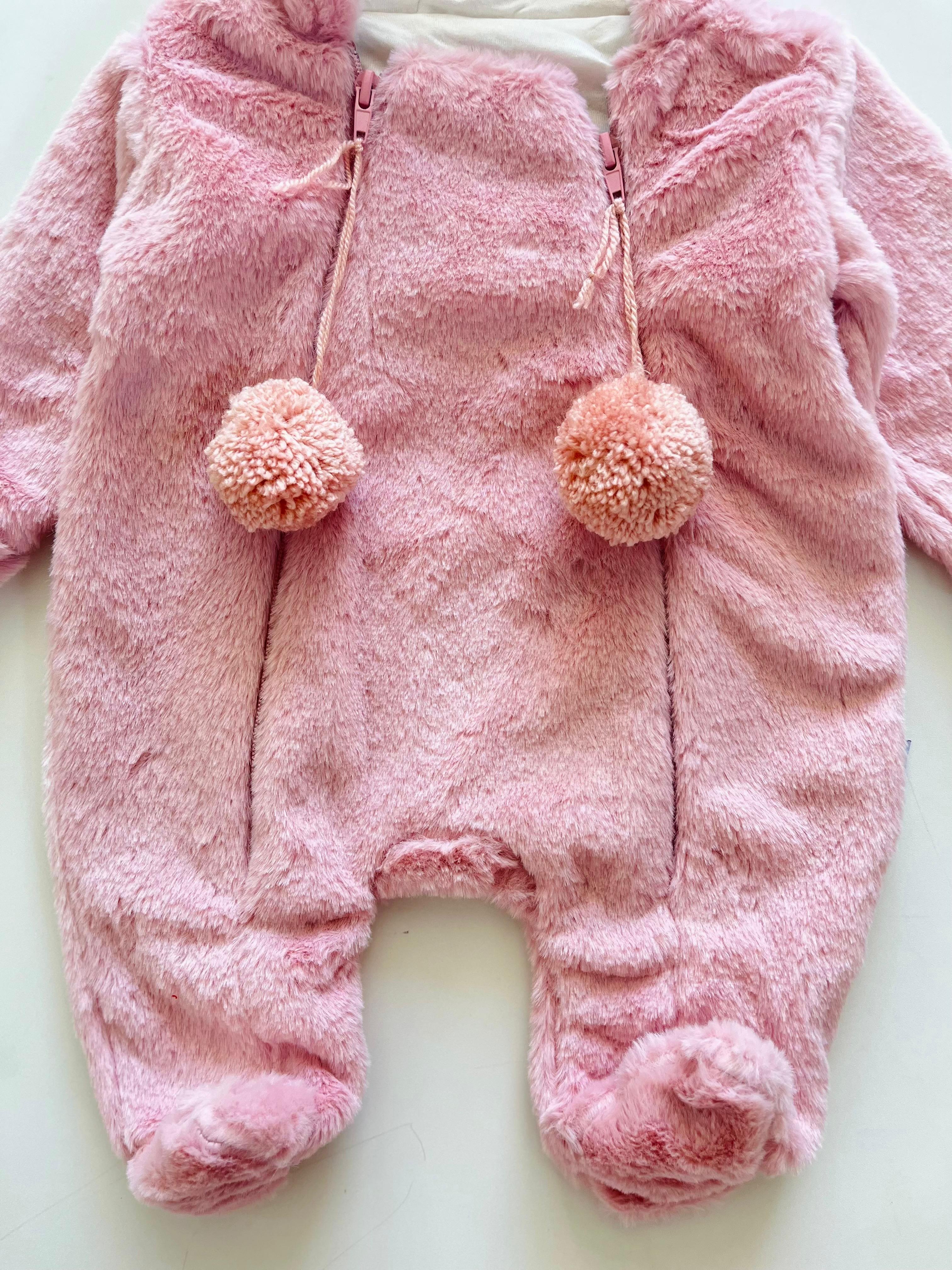 Tavşan Kulaklı Peluş Çift Fermuarlı İçi Astarlı Tulum - Pembe