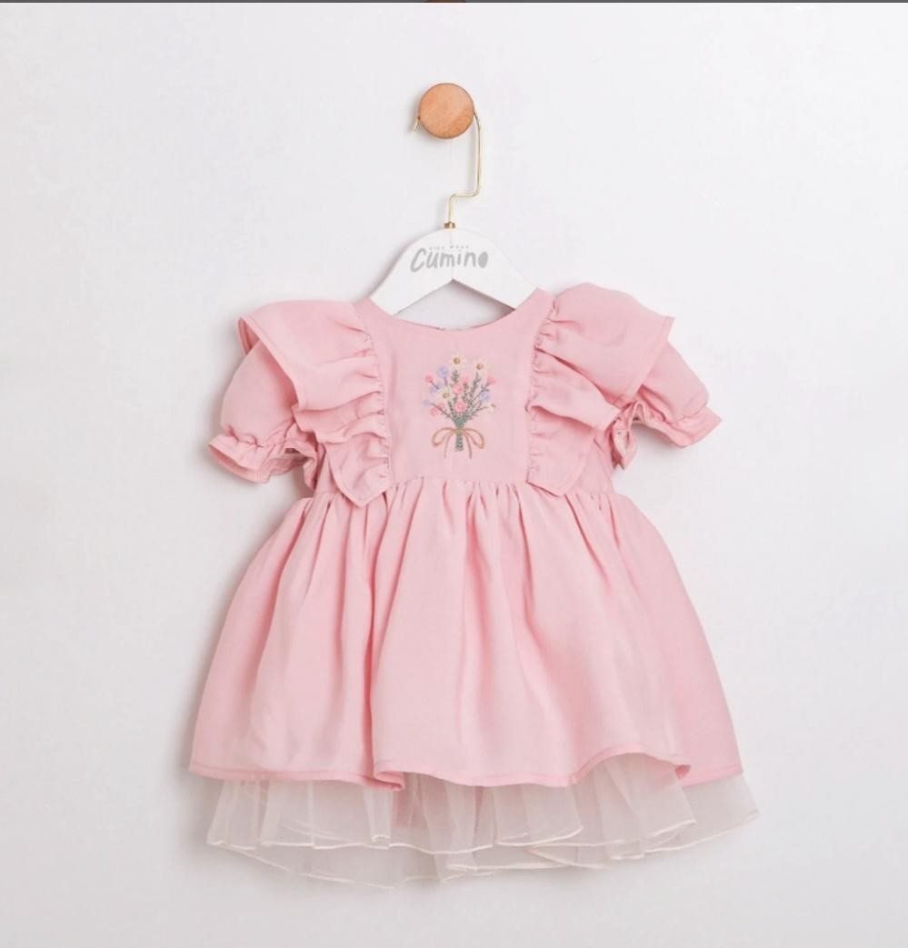 Kız Bebek Çiçek İşlemeli Pembe Elbise