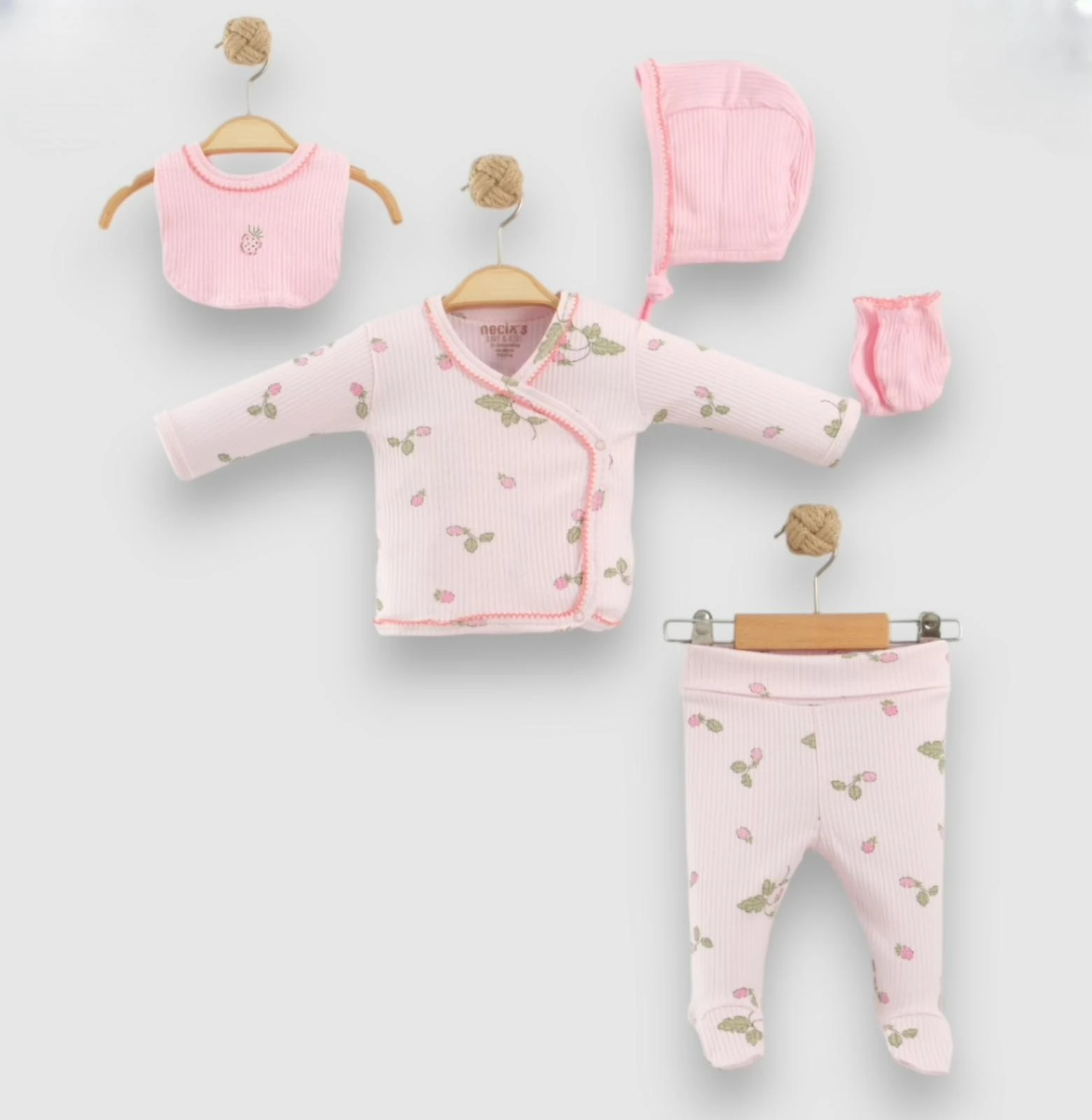 Kız Bebek Ahududu Desenli 5'li Yenidoğan Set - Pudra