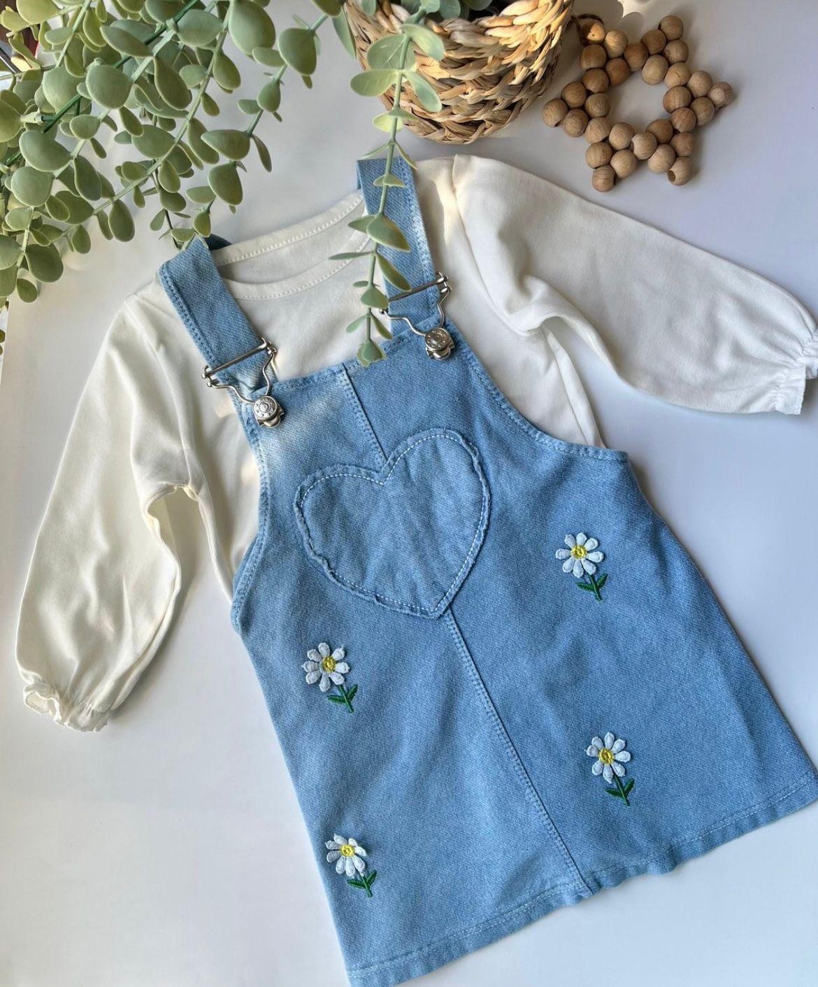 Kız Bebek Papatya İşlemeli Kot Jile Elbise Tshirt - Mavi