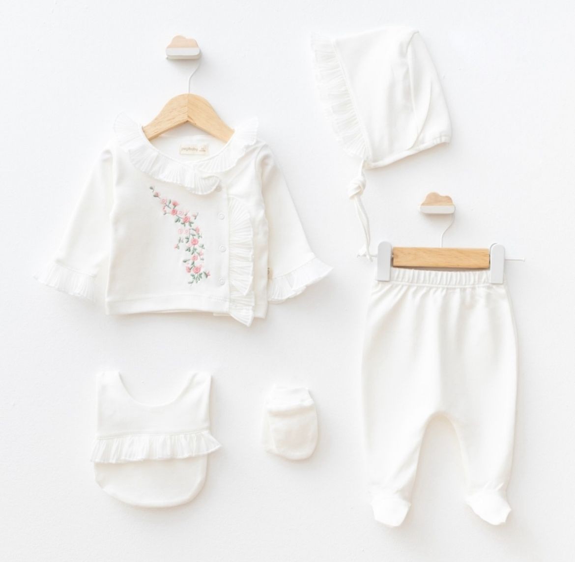 Kız Bebek Pliseli 5'li Yenidoğan Set- Ekru
