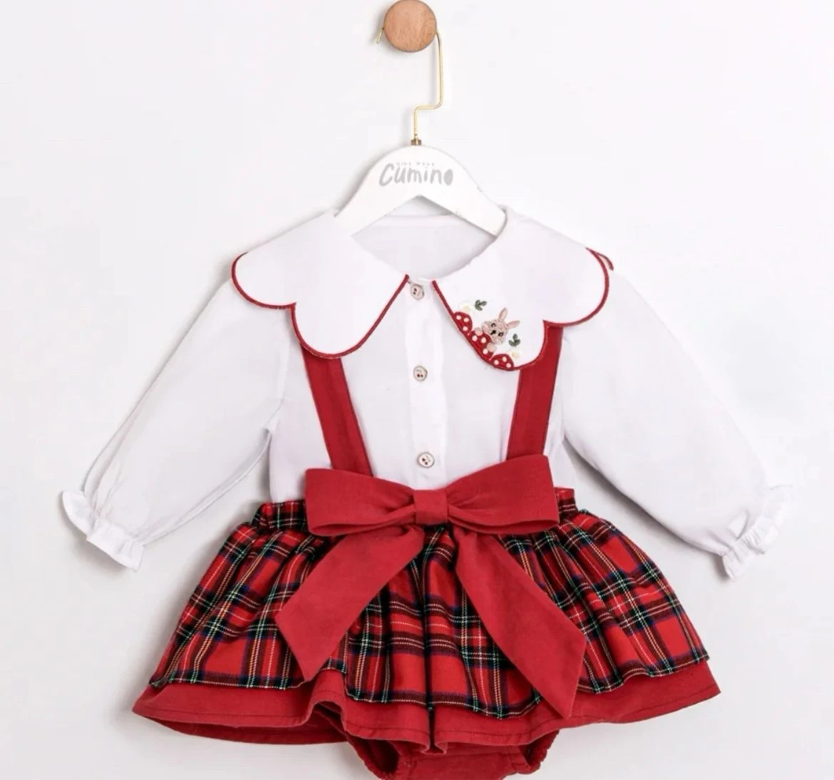 Kız Bebek Yaka Detaylı 2'li Gömlek ve Kadife Jile Elbise 