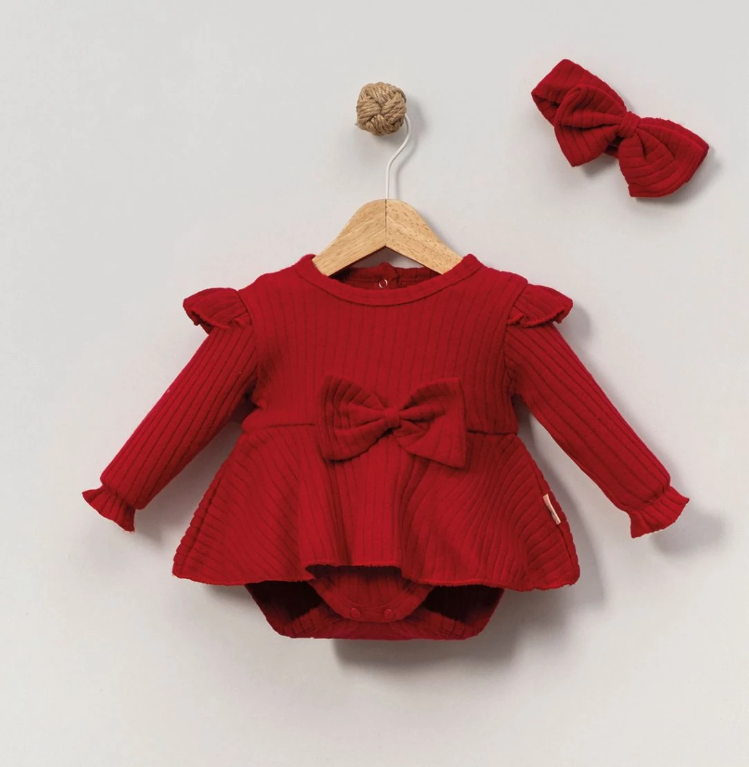 Kız Bebek Fiyonklu Bandanalı Romper - Kırmızı