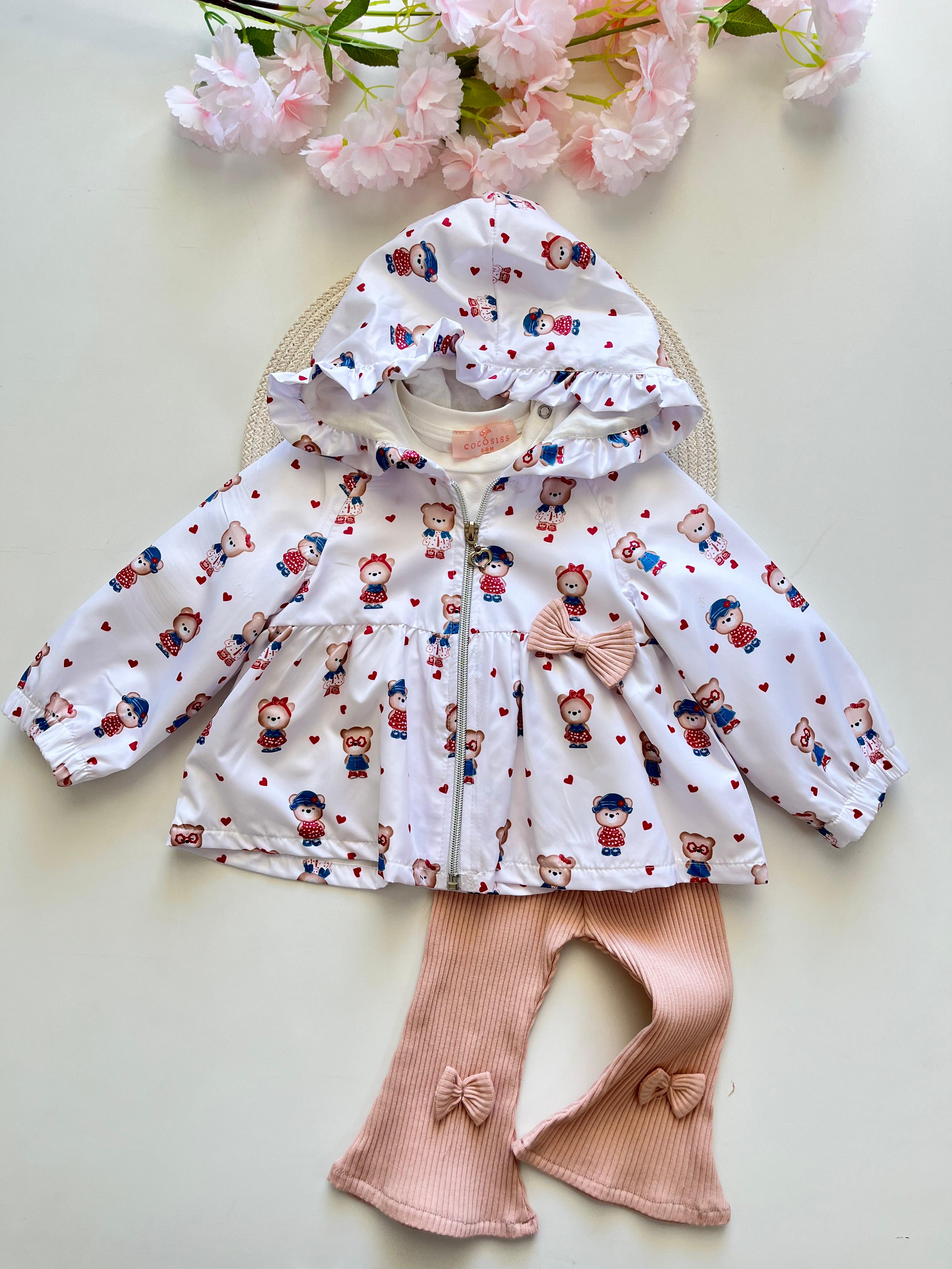 Kız Bebek  Ayıcık Desenli Yağmurluklu 3'lü Takım