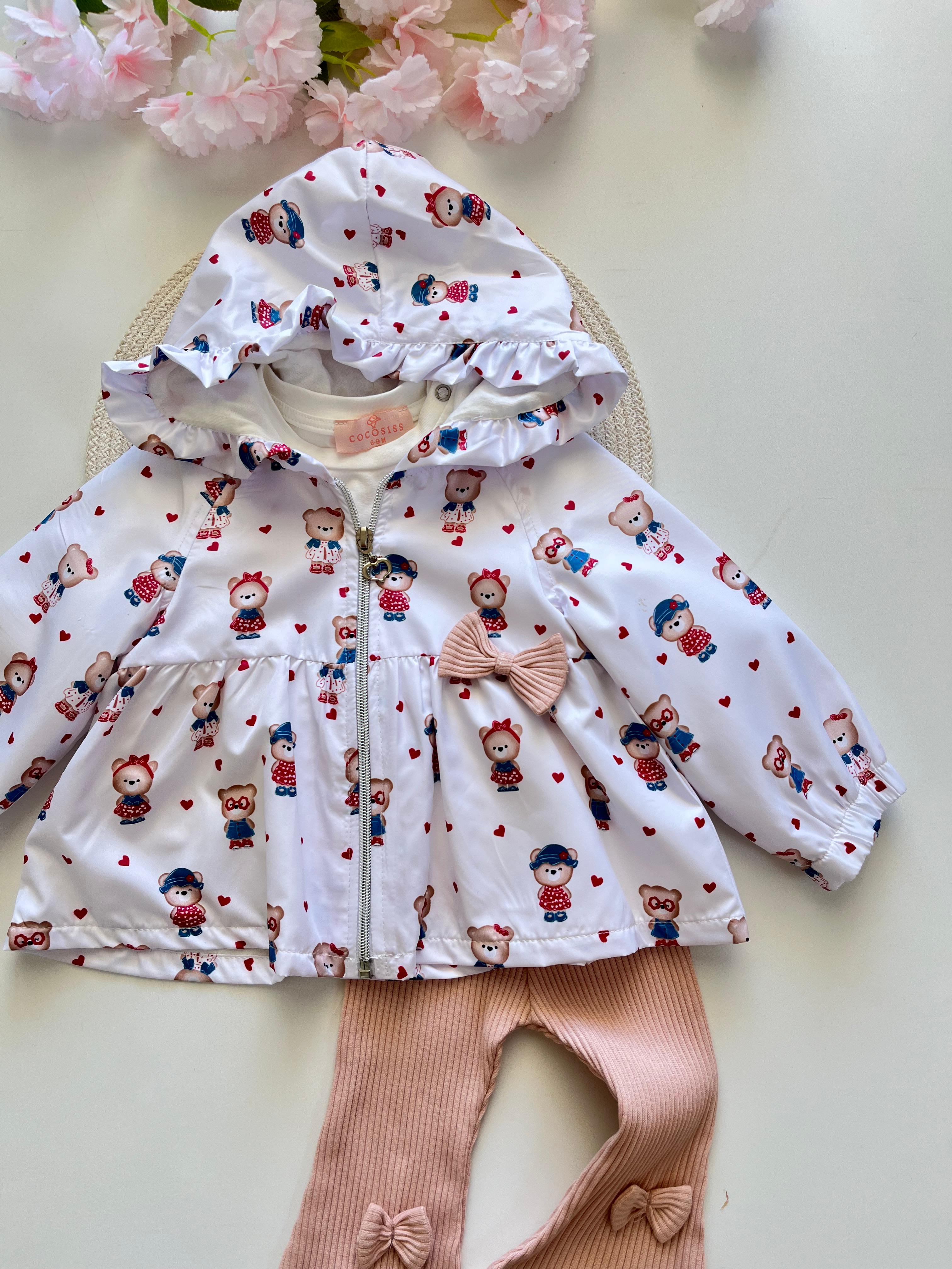 Kız Bebek  Ayıcık Desenli Yağmurluklu 3'lü Takım