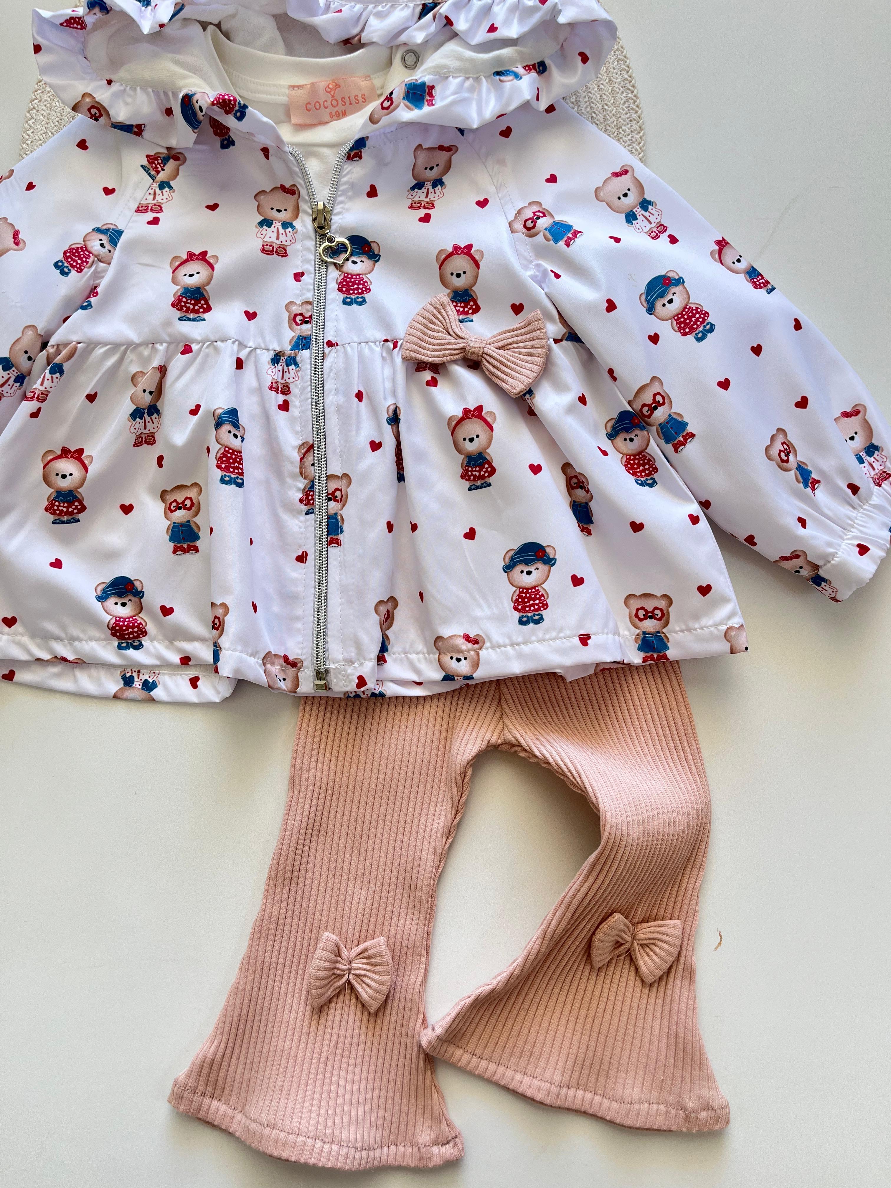 Kız Bebek  Ayıcık Desenli Yağmurluklu 3'lü Takım