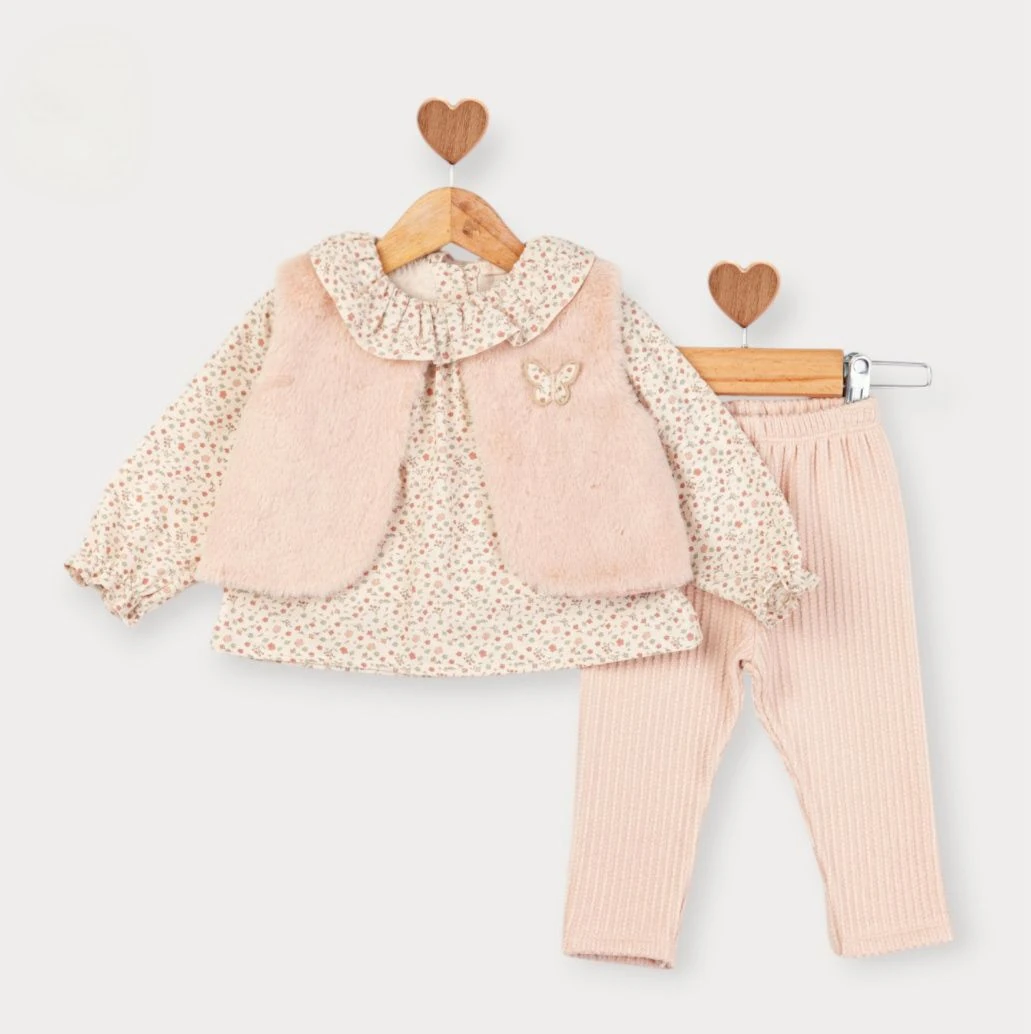 Çıtır Çiçek Gömlek Peluş Yelekli 3'lü Takım  -Pudra