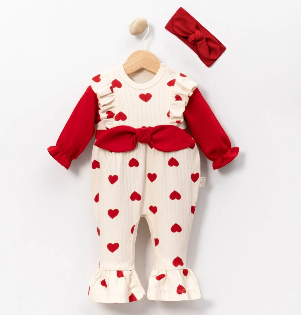 Kız Bebek Pamuklu Kalpli Fiyonk Detaylı Bandanalı Tulum Set - Kırmızı