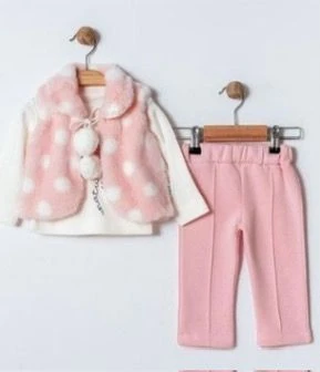 Kız Bebek Peluş Yelekli Tshirt Alt 3'lü Takım - Pembe