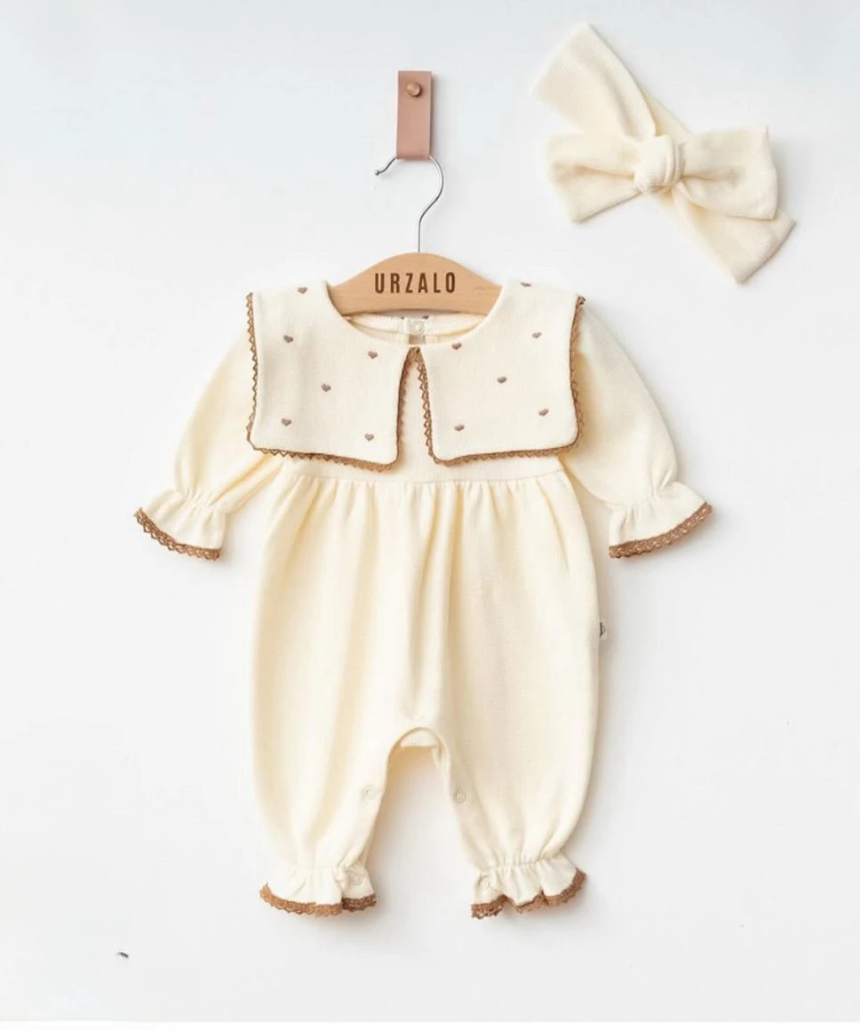 Kız Bebel Kalp Yaka Detaylı Bandanalı Tulum Set - Ekru