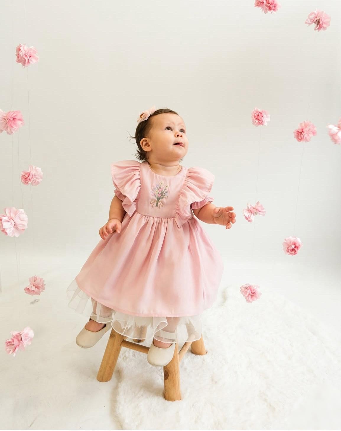 Kız Bebek Çiçek İşlemeli Pembe Elbise