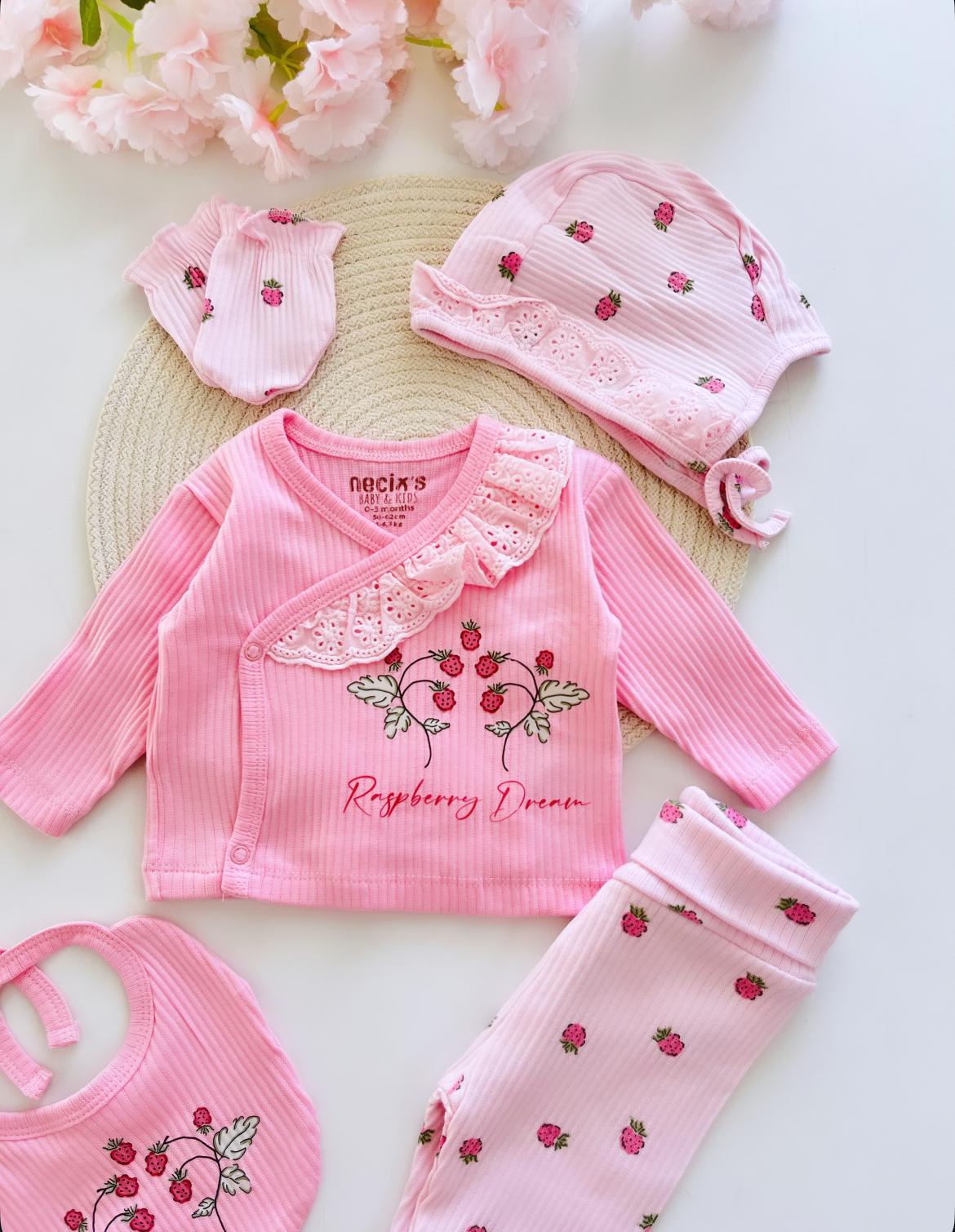 Kız Bebek Ahududu Desenli Kruvaze Dantel Detaylı 5'li Yenidoğan Set