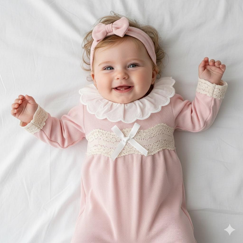 Kız Bebek  Pamuklu Dantel Detaylı Bandanalı Tulum - Pembe