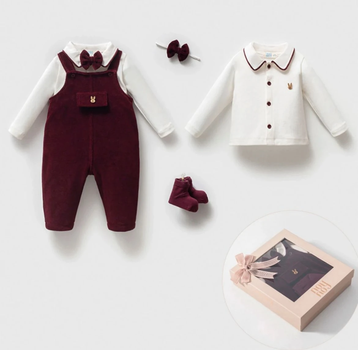 Erkek Bebek Premium Kadife Kumaş Papyonlu Body Tulum Çorap 3'lü Set - Bordo 