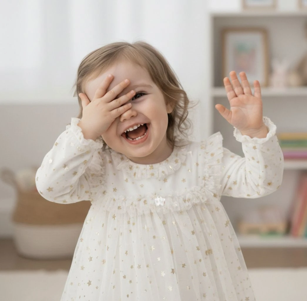 Kız Bebek Gold Yıldız Detaylı İçi Pamuk Penye Astarlı Tül Elbise - Ekru